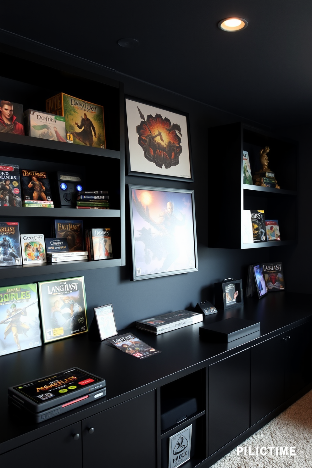 A modern game room featuring sleek black shelves that elegantly display a variety of gaming consoles and accessories. The walls are painted in a deep charcoal color, creating a cozy atmosphere with ambient LED lighting highlighting the shelves.