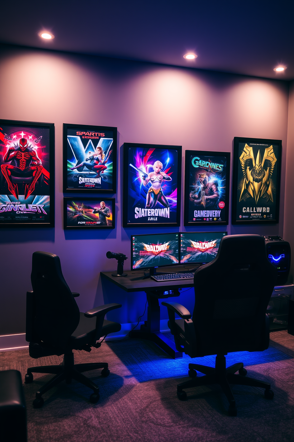 A stylish game room featuring an accent wall adorned with vibrant gaming posters in black frames. The room is equipped with a sleek gaming desk, comfortable chairs, and ambient lighting to enhance the gaming experience.