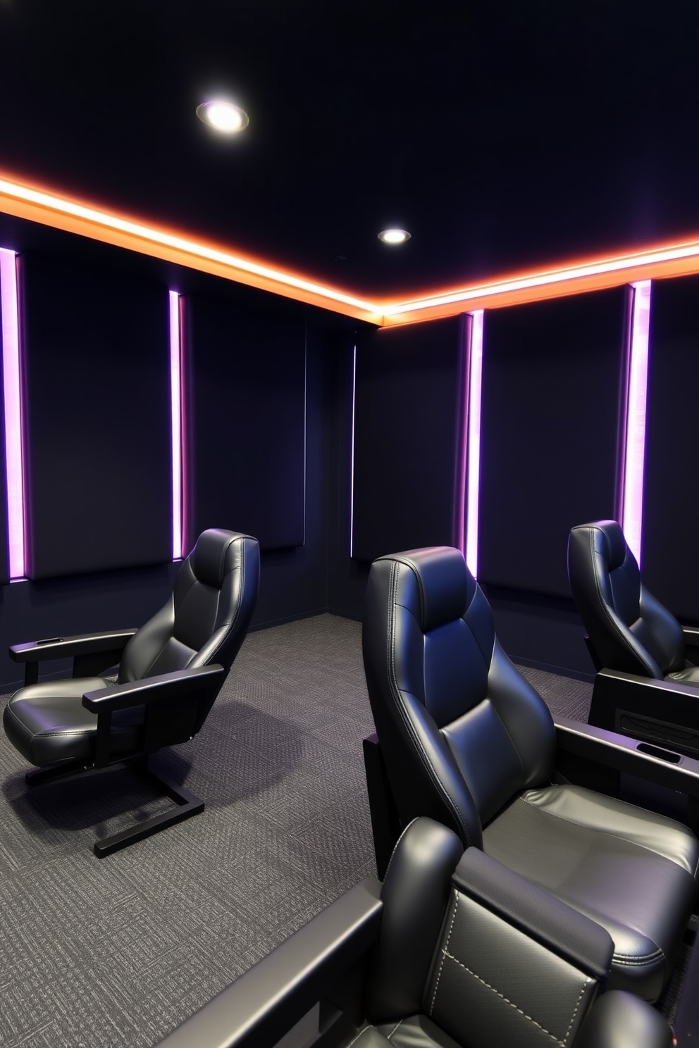 A stylish game room featuring black leather gaming chairs designed for ultimate comfort. The walls are adorned with dark acoustic panels, and ambient LED lighting highlights the sleek setup.