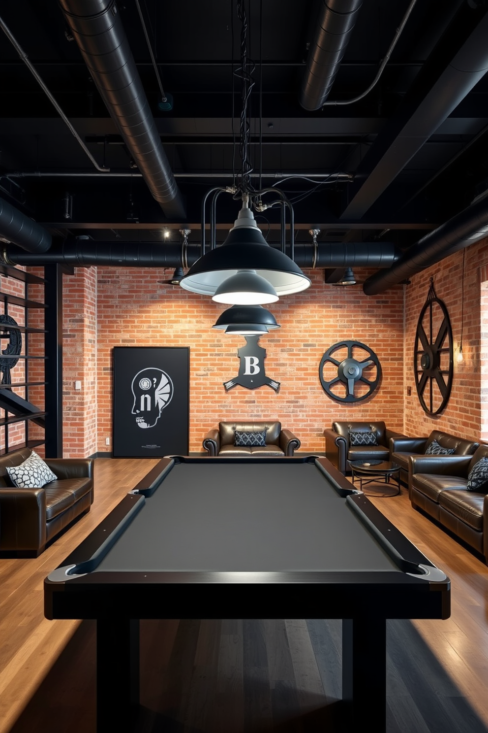 A stylish game room featuring industrial black metal fixtures and decor. The space includes a sleek black pool table centered under a cluster of pendant lights with black metal shades. The walls are adorned with exposed brick and large metal art pieces. A comfortable seating area with leather couches and black metal accents complements the overall industrial theme.