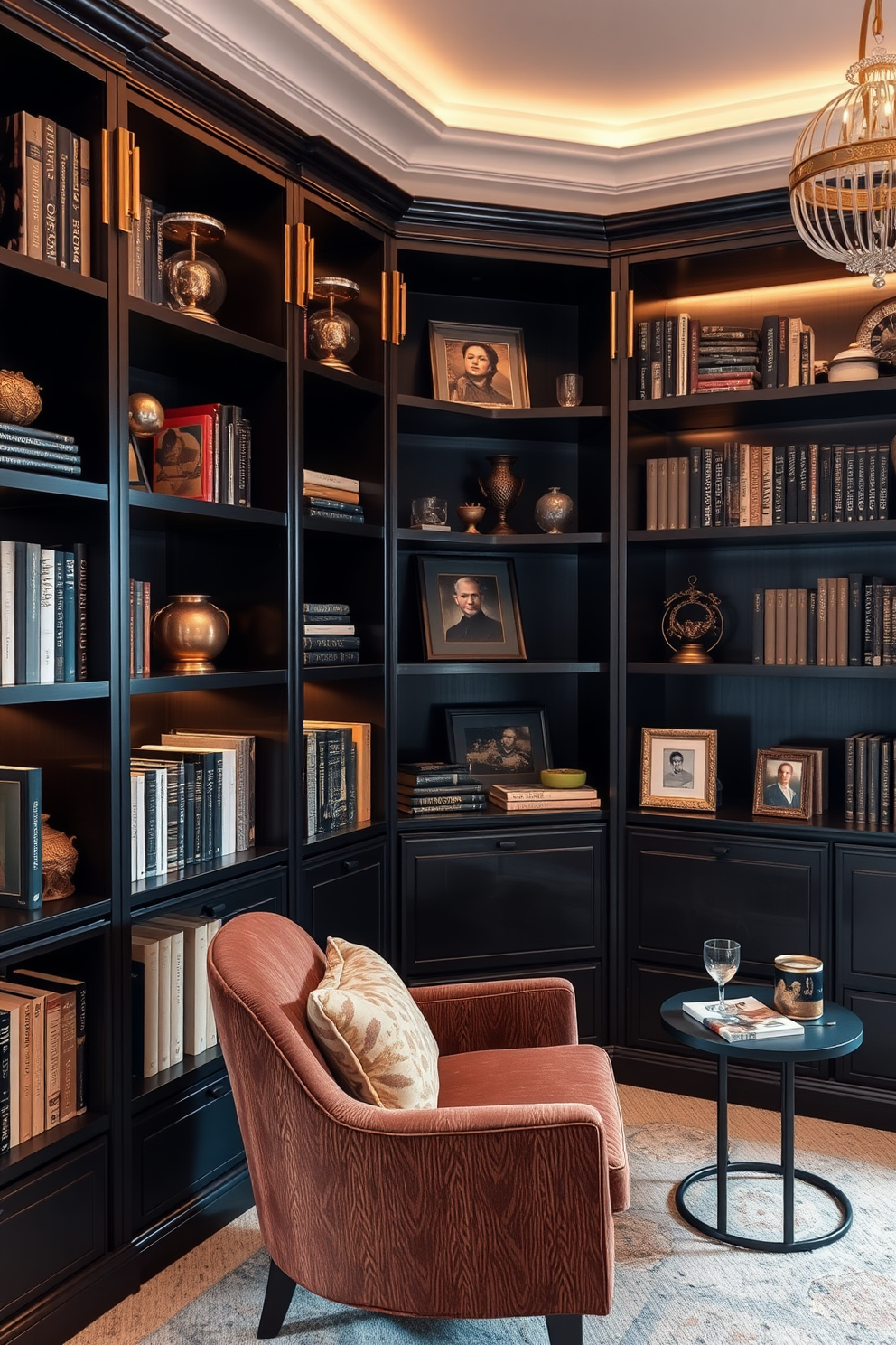 Elegant black bookshelves with gold accents create a striking focal point in the home library. The shelves are filled with an array of books, art pieces, and decorative objects that reflect personal style and sophistication. Soft lighting illuminates the library, casting a warm glow that highlights the rich textures of the furnishings. A plush reading chair in a complementary color invites relaxation and adds to the overall elegance of the space.