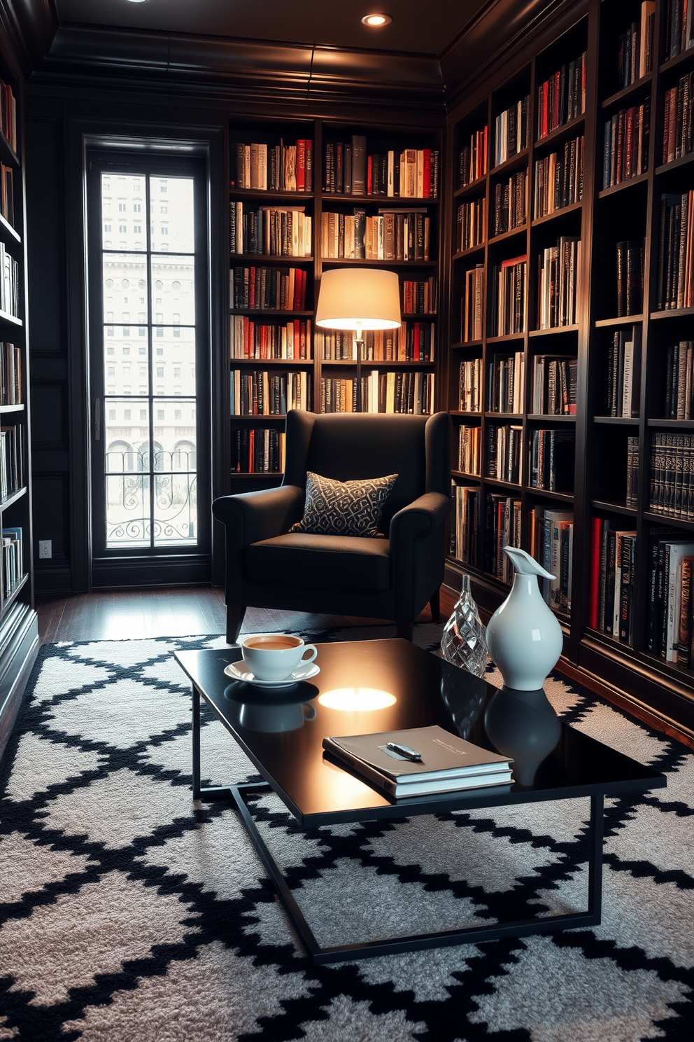 A cozy home library featuring a soft area rug that adds texture to the space. The walls are lined with dark wooden bookshelves filled with an array of books, and a comfortable reading chair is positioned near a large window.