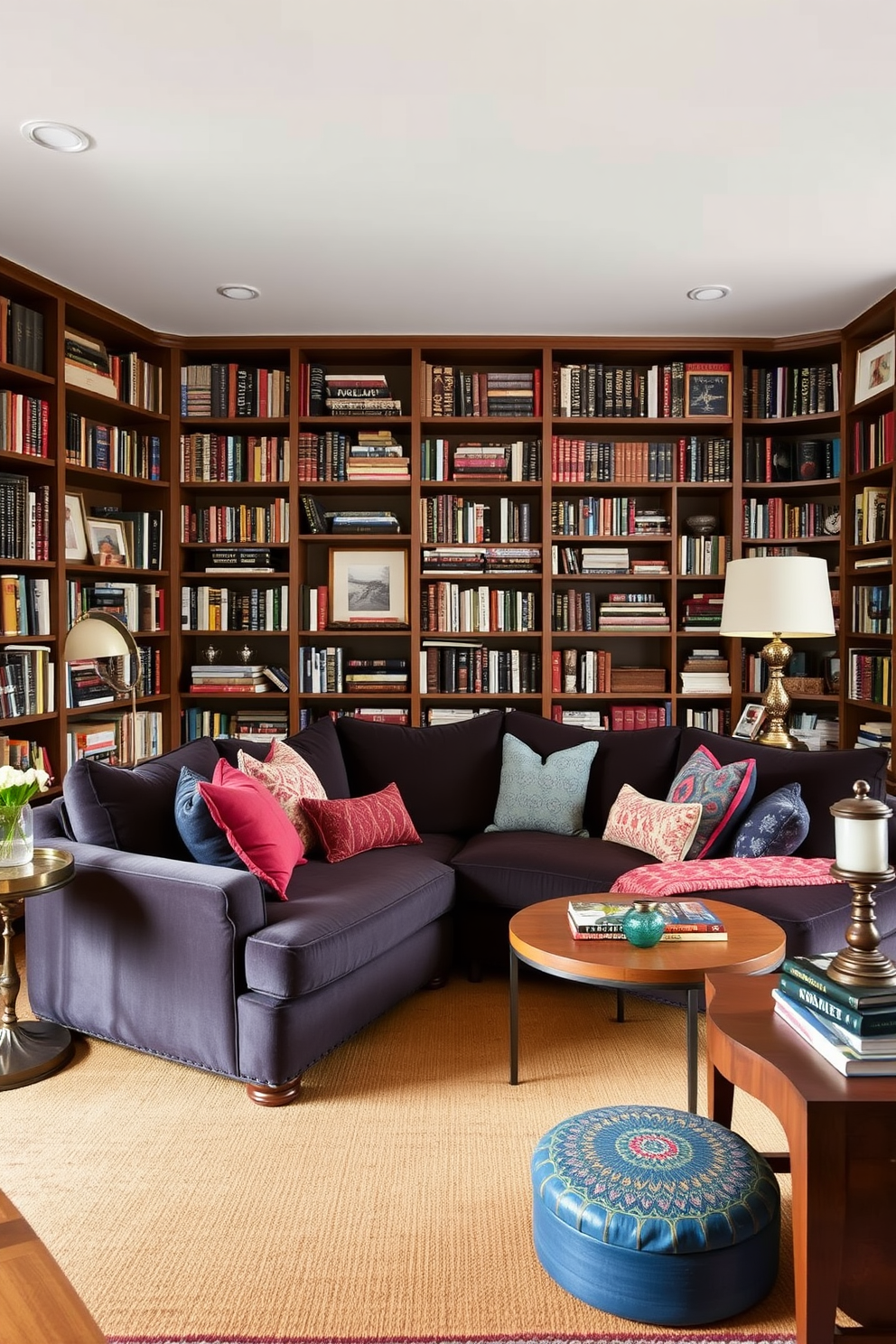 A stunning home library design featuring floor-to-ceiling windows that flood the space with natural light. The walls are lined with dark wooden shelves filled with books, creating a cozy and inviting atmosphere.