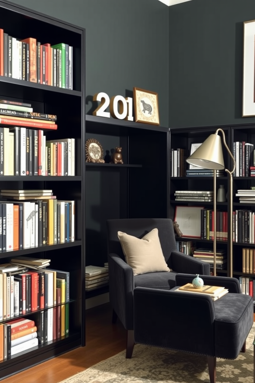 A cozy black home library featuring a mix of open and closed shelving. The open shelves display an array of books and decorative items, while the closed cabinets provide a sleek storage solution for less visually appealing items.