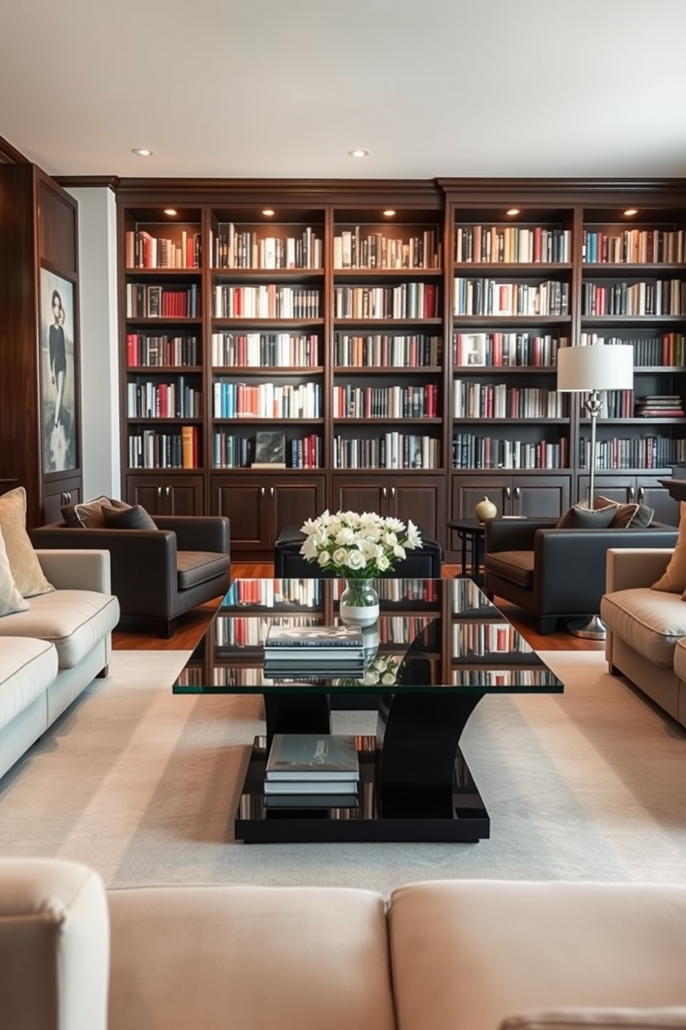 A stylish black leather sofa is positioned elegantly in the center of a cozy home library. Surrounding the sofa are tall wooden bookshelves filled with an array of books, creating an inviting atmosphere for reading and relaxation. The walls are adorned with rich, dark paint, enhancing the sophistication of the space. Soft lighting from vintage-style lamps casts a warm glow, highlighting the textures of the leather and the wood.