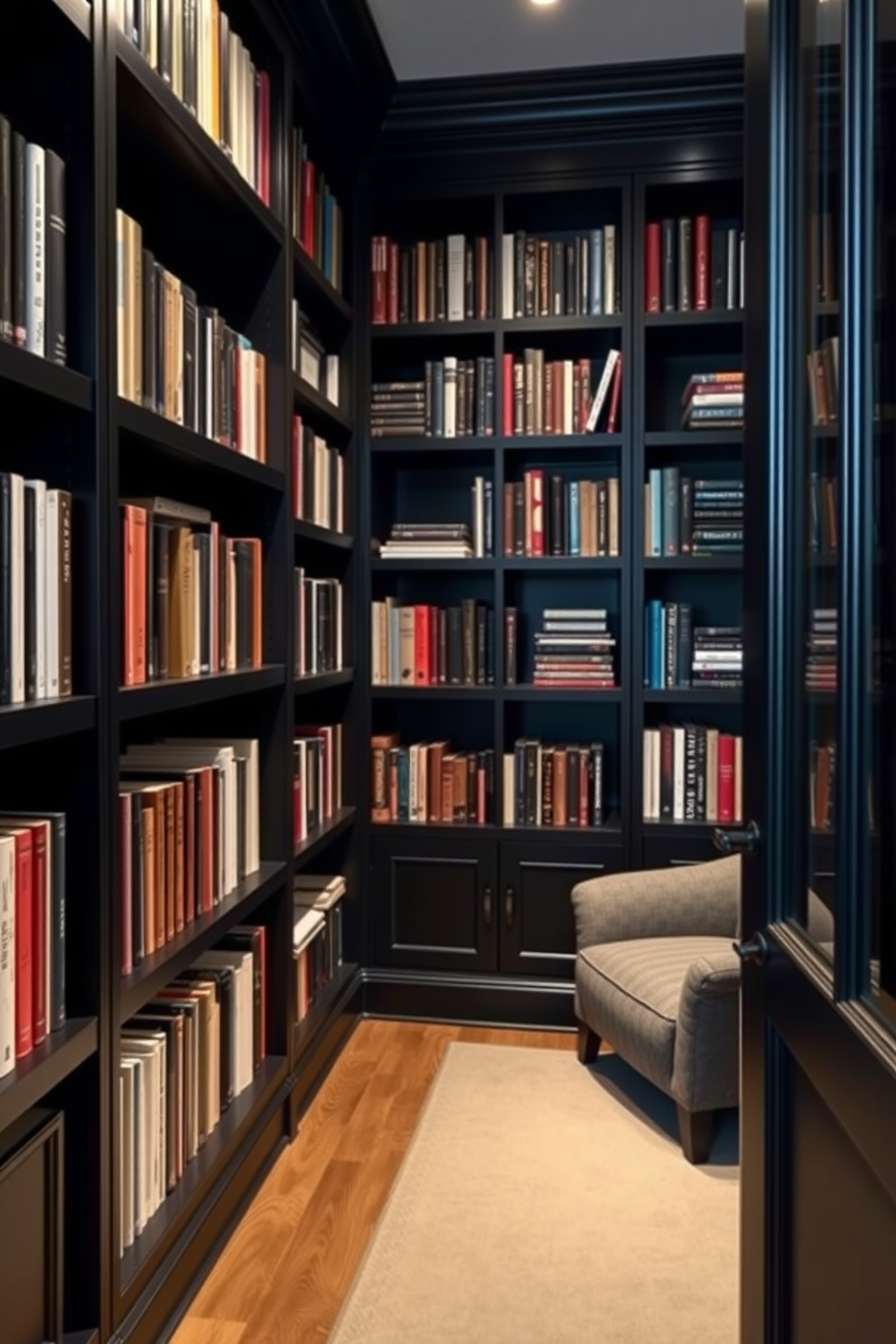 A striking home library featuring unique pendant lights that create a warm and inviting atmosphere. The walls are lined with dark wooden bookshelves filled with an array of books, and a cozy reading nook is nestled in one corner. The pendant lights hang at varying heights, casting a soft glow over a plush armchair and a small side table. Rich, dark colors dominate the space, complemented by a plush area rug that adds comfort and style.