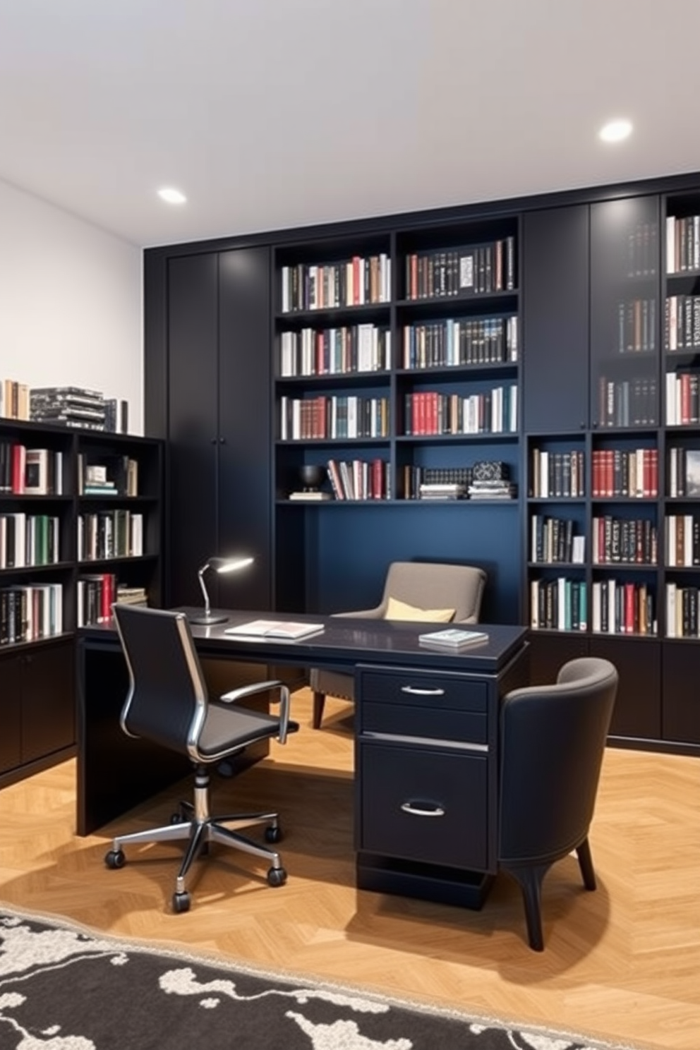 A cozy home library featuring dark stained wood flooring that exudes elegance. The shelves are lined with an extensive collection of books, complemented by plush leather seating and warm ambient lighting.