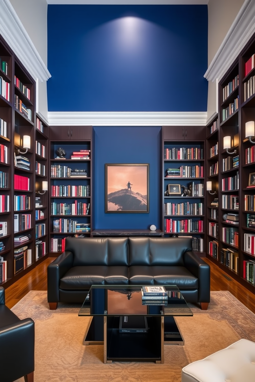 A personal library featuring a charming wooden ladder that leans against a tall bookshelf filled with an array of books. The space is adorned with rich dark wood accents, a cozy reading nook, and warm lighting that creates an inviting atmosphere. The walls are painted in a deep navy blue, enhancing the sophistication of the black home library design. Plush seating and a vintage rug add comfort, while decorative bookends and artwork provide a personal touch.