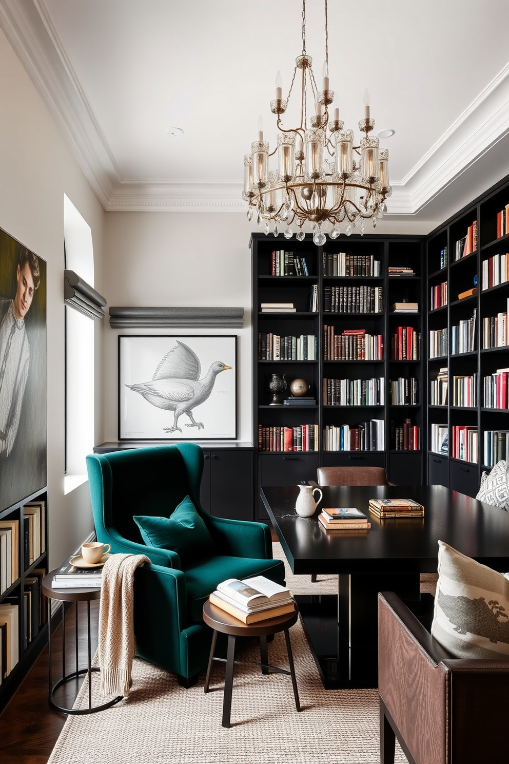 Cozy reading nook with a plush armchair nestled in the corner. The walls are lined with dark wooden bookshelves filled with an array of books, creating an inviting atmosphere. Soft lighting from a stylish floor lamp casts a warm glow over the space. A small side table holds a steaming cup of tea and a decorative throw blanket drapes over the armchair.