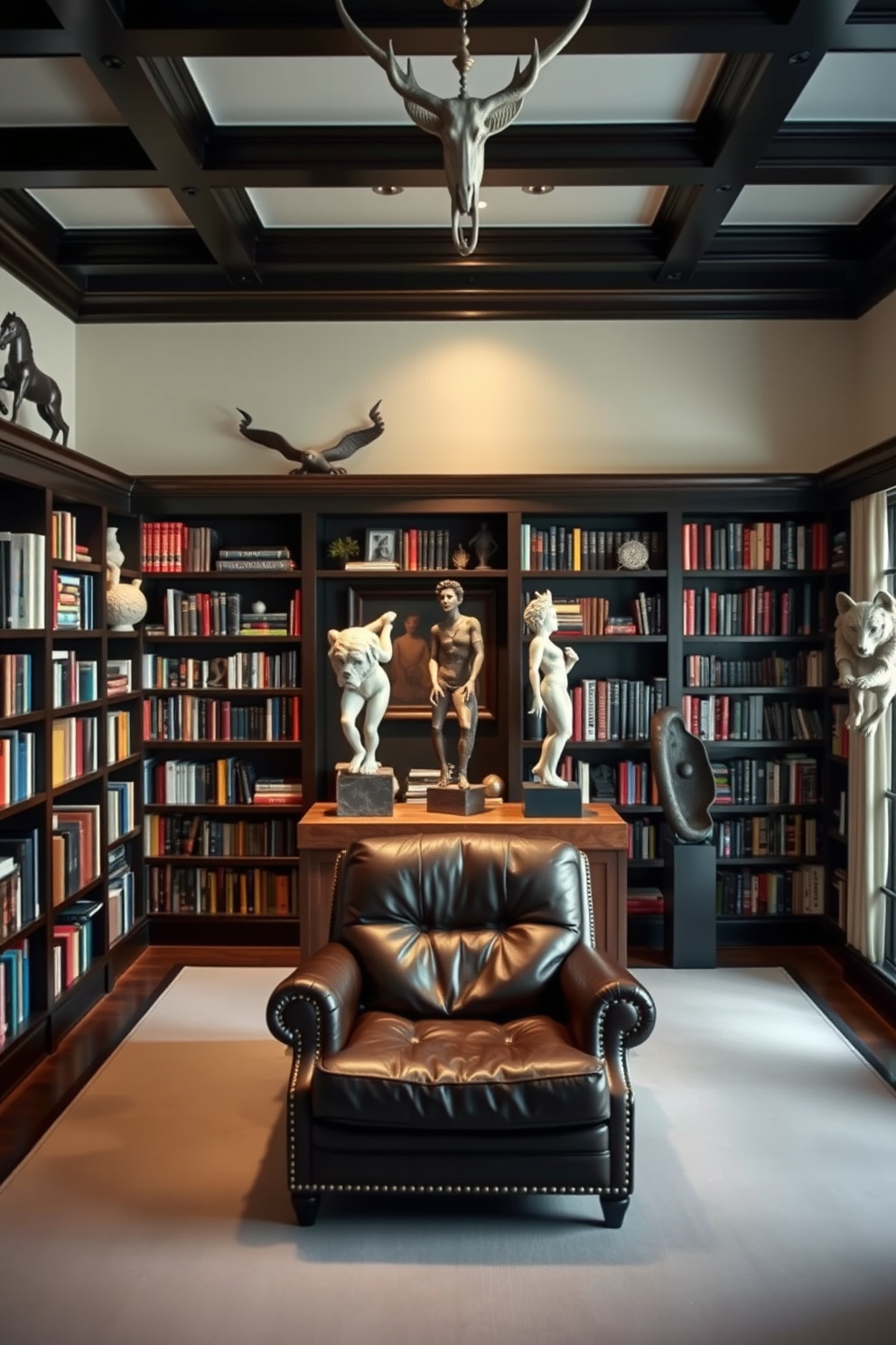 A cozy black home library filled with an eclectic mix of books and decor items. The walls are lined with dark wooden shelves overflowing with colorful books, while unique decor pieces like sculptures and vintage globes are artfully arranged throughout the space.