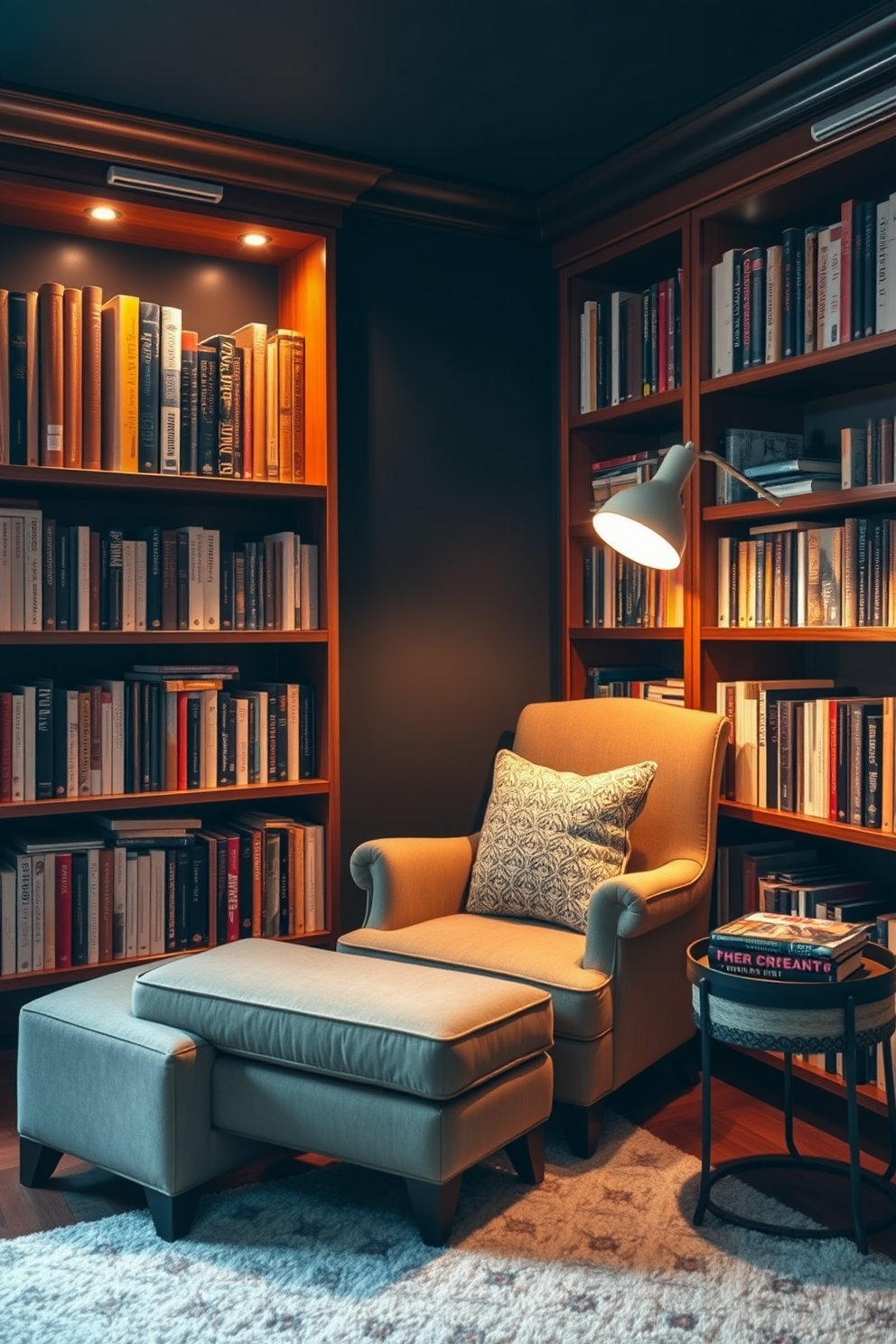 A cozy home library filled with rich wooden bookshelves that reach from floor to ceiling. The walls are painted in a deep navy blue, creating an inviting atmosphere for reading and relaxation. Framed quotes in black frames adorn the walls, each thoughtfully selected to inspire and motivate. A plush armchair sits in the corner, accompanied by a small side table and a warm lamp for the perfect reading nook.