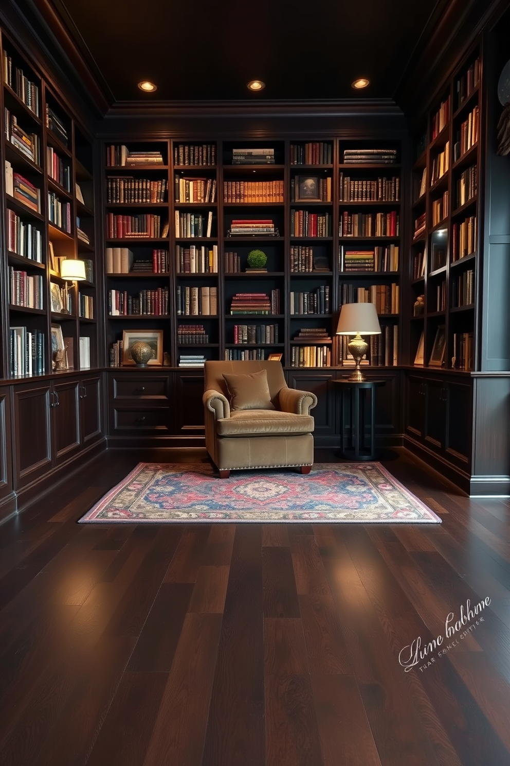 A luxurious home library featuring a black and gold color scheme. The walls are adorned with dark wood bookshelves filled with an extensive collection of books, while a plush black velvet sofa invites relaxation. Gold accents are incorporated through decorative lighting fixtures and picture frames that enhance the elegance of the space. A sleek black coffee table sits in the center, complemented by a soft area rug with subtle gold patterns.