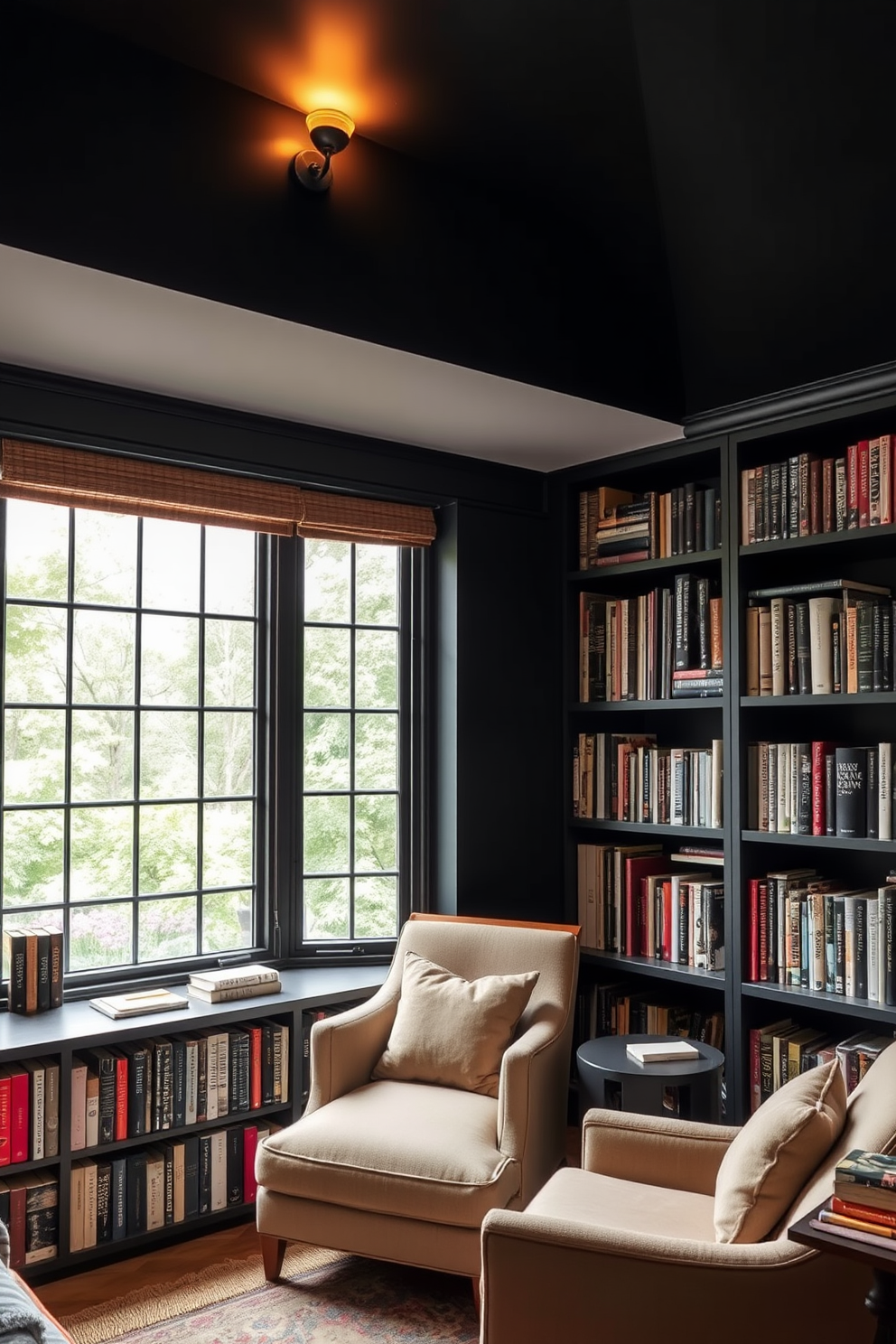 Chic side table with metallic finishes. The table features a sleek design with a glossy black surface and elegant gold accents, creating a striking focal point in the room. Black home library design ideas. The library is adorned with rich black bookshelves filled with an array of books, complemented by plush seating and warm ambient lighting for a cozy reading atmosphere.