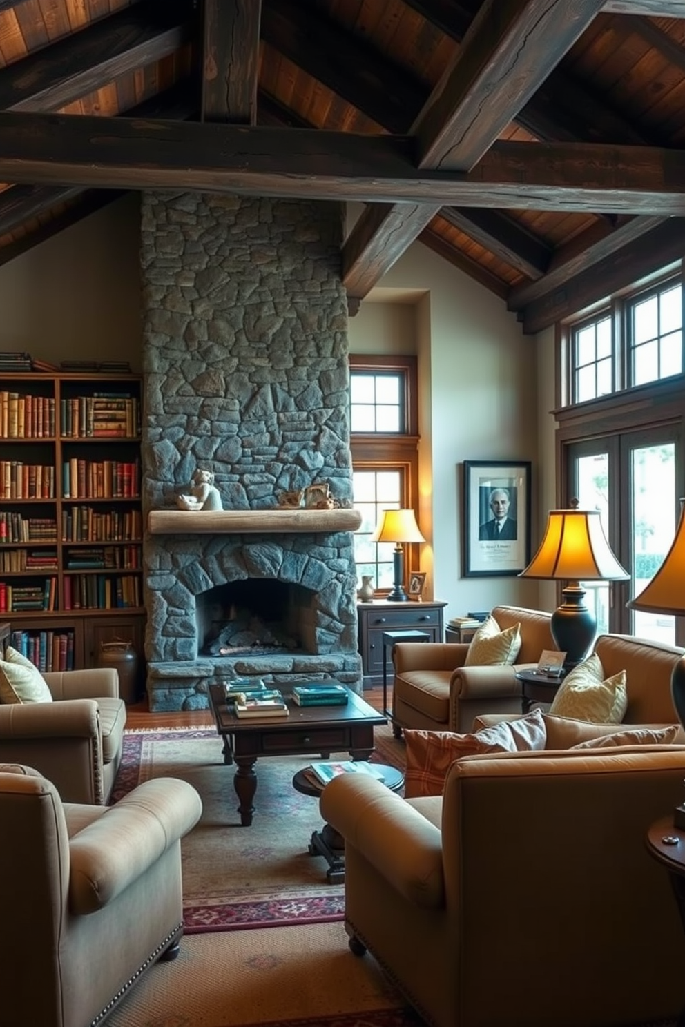 A cozy home library with black framed mirrors that enhance the sense of space. The walls are lined with dark wooden bookshelves filled with an array of books, and a plush reading chair is positioned near a large window. Soft lighting fixtures create a warm atmosphere, while a sleek black coffee table sits in the center of the room. A rich area rug adds texture underfoot, complementing the overall sophisticated design.