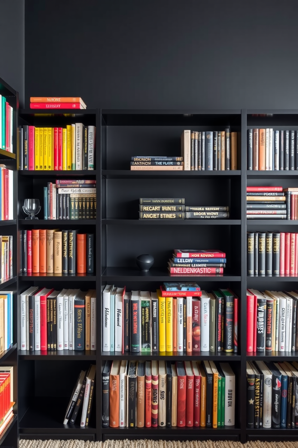 A creative book display on wall shelves showcases a variety of colorful books arranged both horizontally and vertically. The shelves are made of dark wood, adding a warm contrast to the sleek black walls of the home library. Soft ambient lighting is strategically placed to highlight the book collection and create a cozy reading atmosphere. A plush armchair in a rich fabric sits nearby, inviting readers to relax and enjoy their favorite titles.