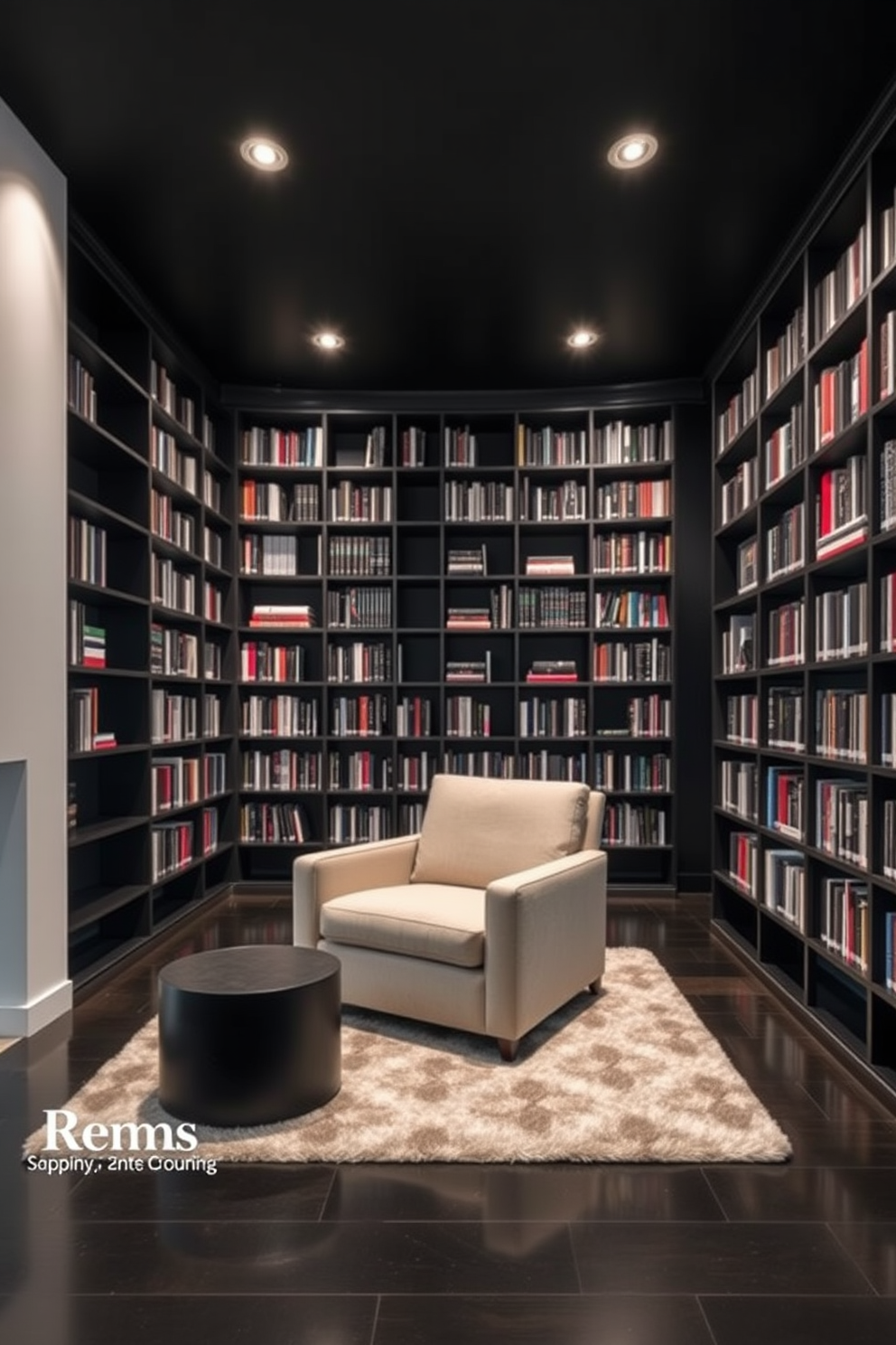 A chic home library featuring stylish storage boxes that enhance organization. The boxes are elegantly arranged on custom shelves, complementing the rich wood tones of the library. The walls are lined with dark, sophisticated bookshelves filled with an array of books. A cozy reading nook with a plush armchair sits in one corner, inviting relaxation amidst the curated collection.