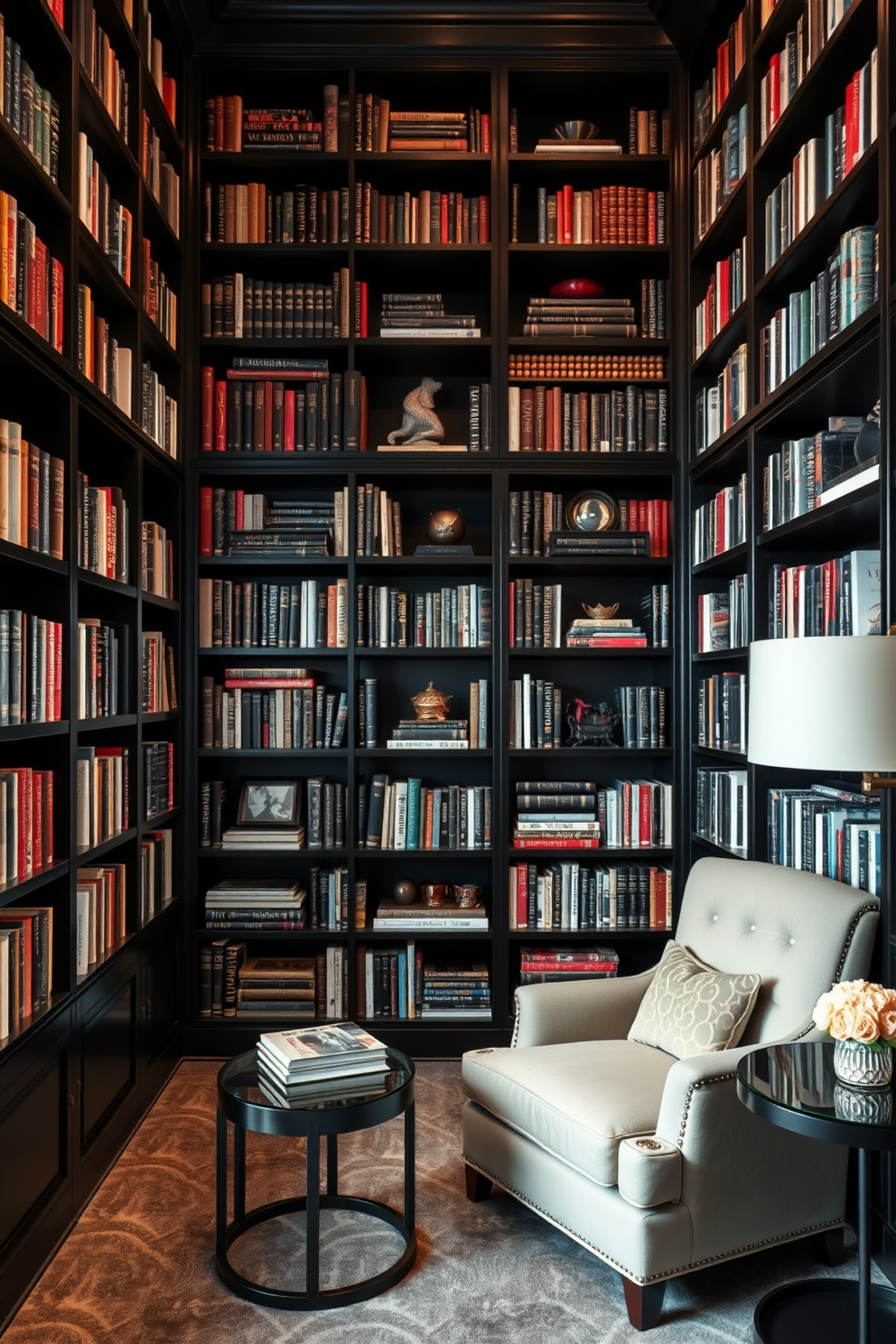 Dark wood paneling creates a rich and classic atmosphere in a home library. The shelves are filled with an extensive collection of books, complemented by a plush leather armchair and a small side table. Soft, warm lighting illuminates the space, highlighting the intricate details of the woodwork. A large window with heavy drapes allows natural light to filter in, enhancing the cozy ambiance.