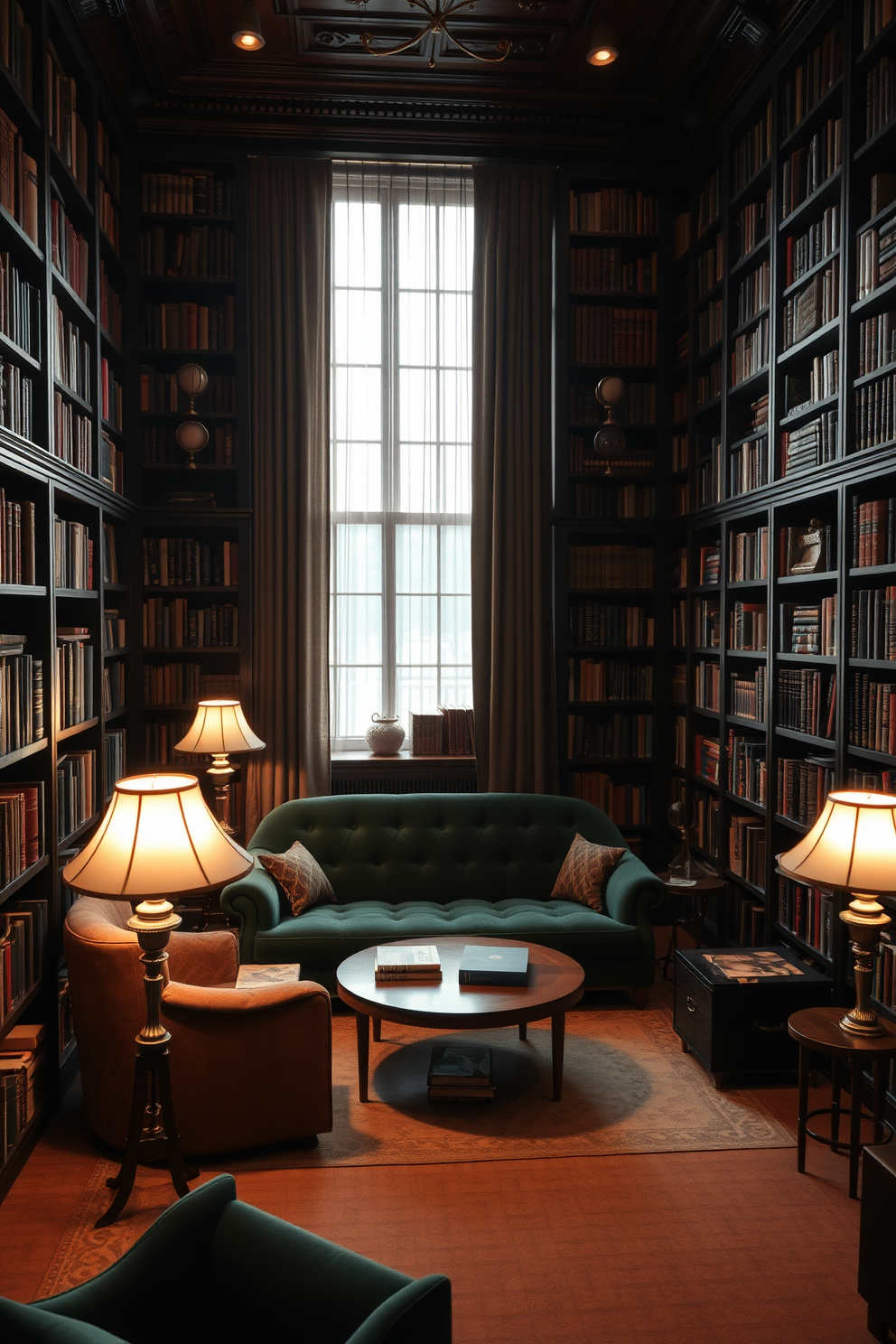 A sleek black home library filled with contemporary art pieces that inspire creativity. The walls are lined with floor-to-ceiling bookshelves, showcasing a curated selection of books and vibrant art prints. A large, plush sectional sofa in a deep shade of gray provides a comfortable reading nook. Accent lighting highlights the art pieces, creating a warm and inviting atmosphere perfect for relaxation and inspiration.