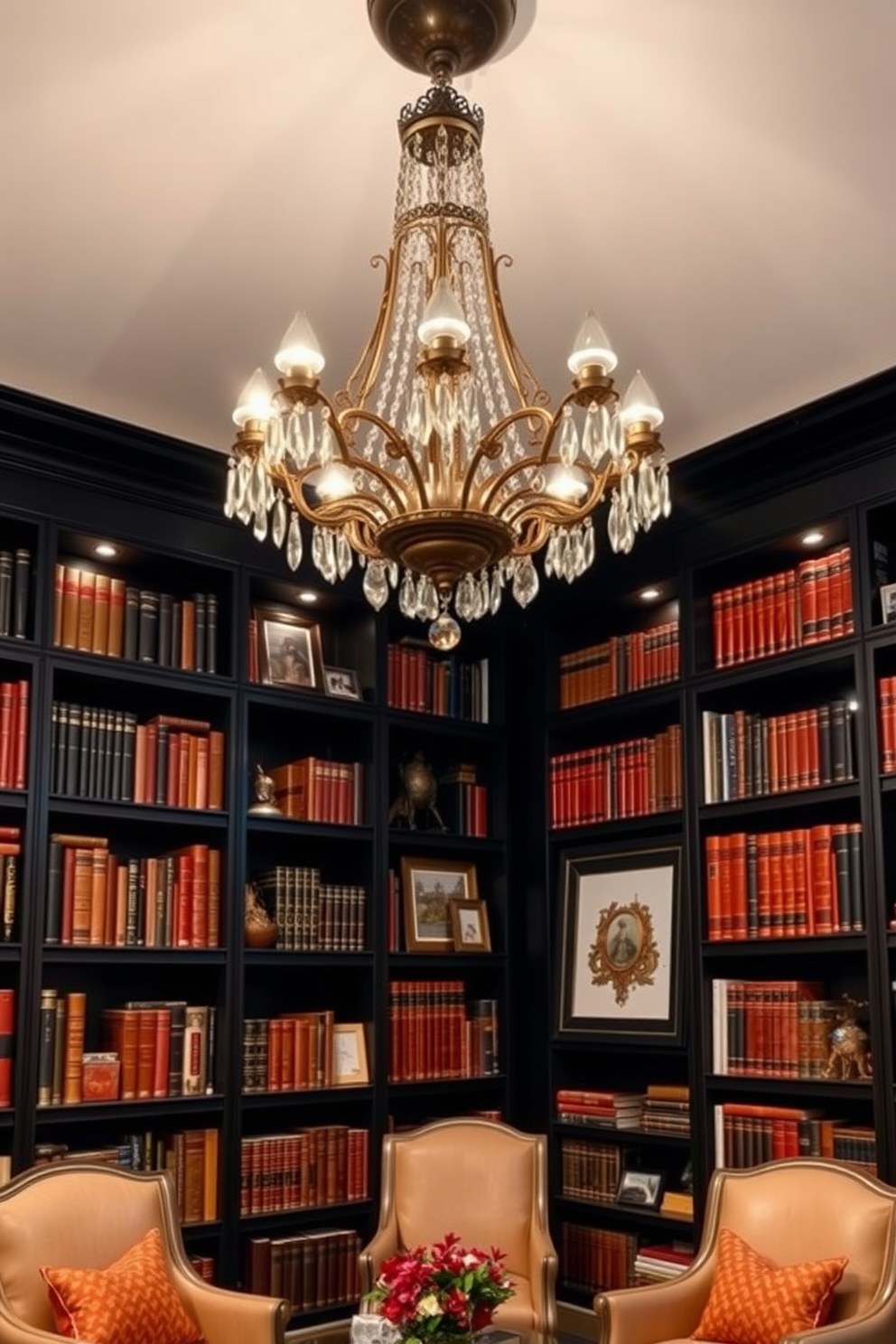 A sleek minimalist home library features black furniture that emphasizes clean lines and simplicity. The walls are adorned with floor-to-ceiling shelves filled with books, while a large black desk sits elegantly in the center, complemented by a comfortable black chair.