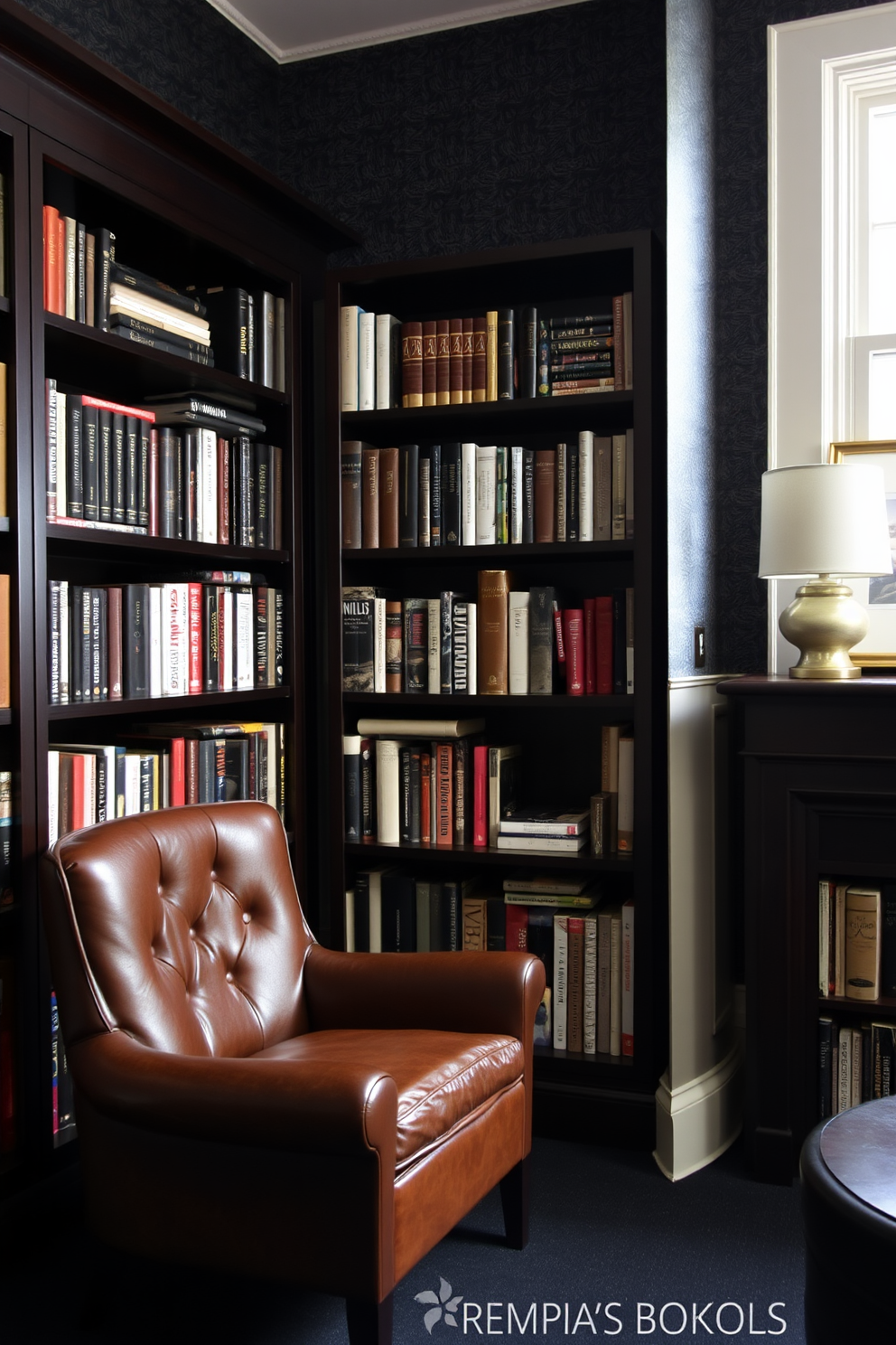 A cozy black home library featuring layered lighting that creates a warm and inviting atmosphere. The walls are lined with dark wooden bookshelves filled with a variety of books, while strategically placed floor lamps and wall sconces provide soft illumination throughout the space.