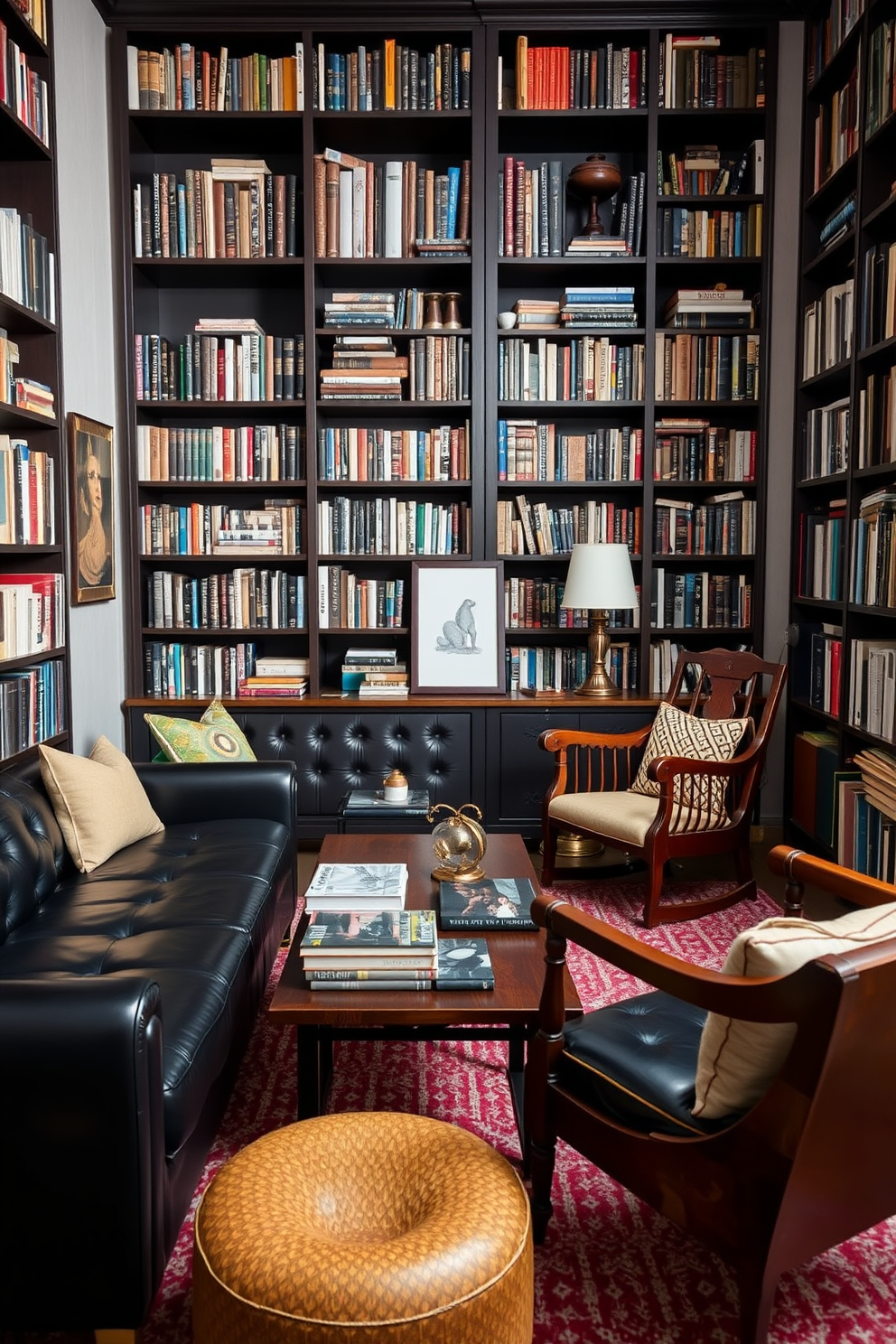 A striking home library featuring black bookshelves that reach the ceiling, filled with an array of books in various sizes. A large white sofa sits in the center, adorned with black and white patterned cushions, creating a bold contrast against the dark furniture. The walls are painted in a soft gray, providing a neutral backdrop that enhances the black and white art pieces displayed throughout the room. A sleek black coffee table rests on a plush white rug, inviting relaxation and contemplation in this stylish reading nook.