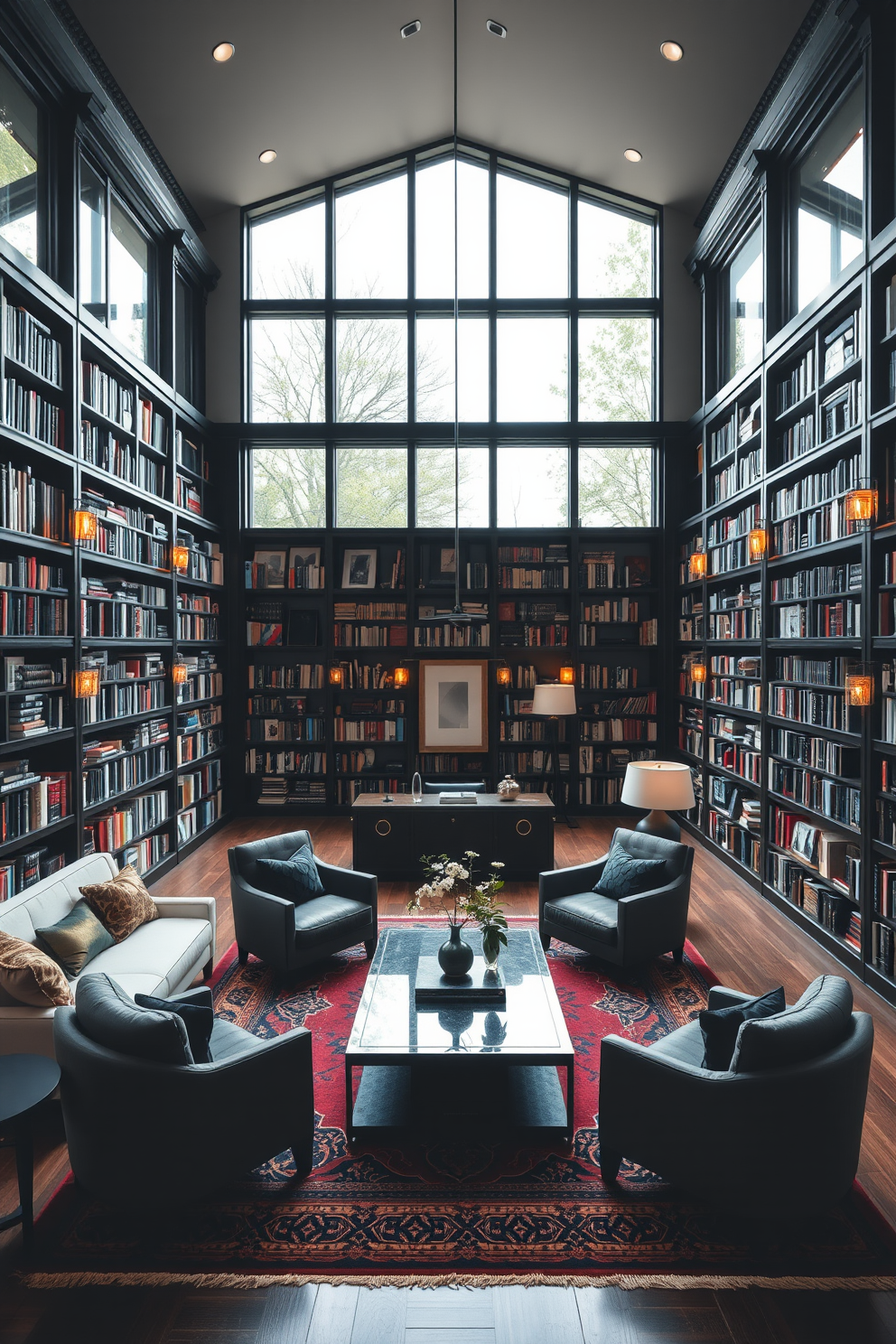 A cozy black home library featuring built-in shelves that stretch from floor to ceiling. A stylish ladder leans against the shelves, providing easy access to the upper levels of books and decorative items.