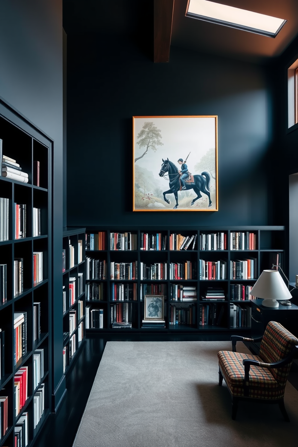 A luxurious home library featuring rich velvet curtains that frame large windows allowing natural light to filter in. The walls are lined with dark wooden bookshelves filled with an extensive collection of books, complemented by plush seating areas for reading.