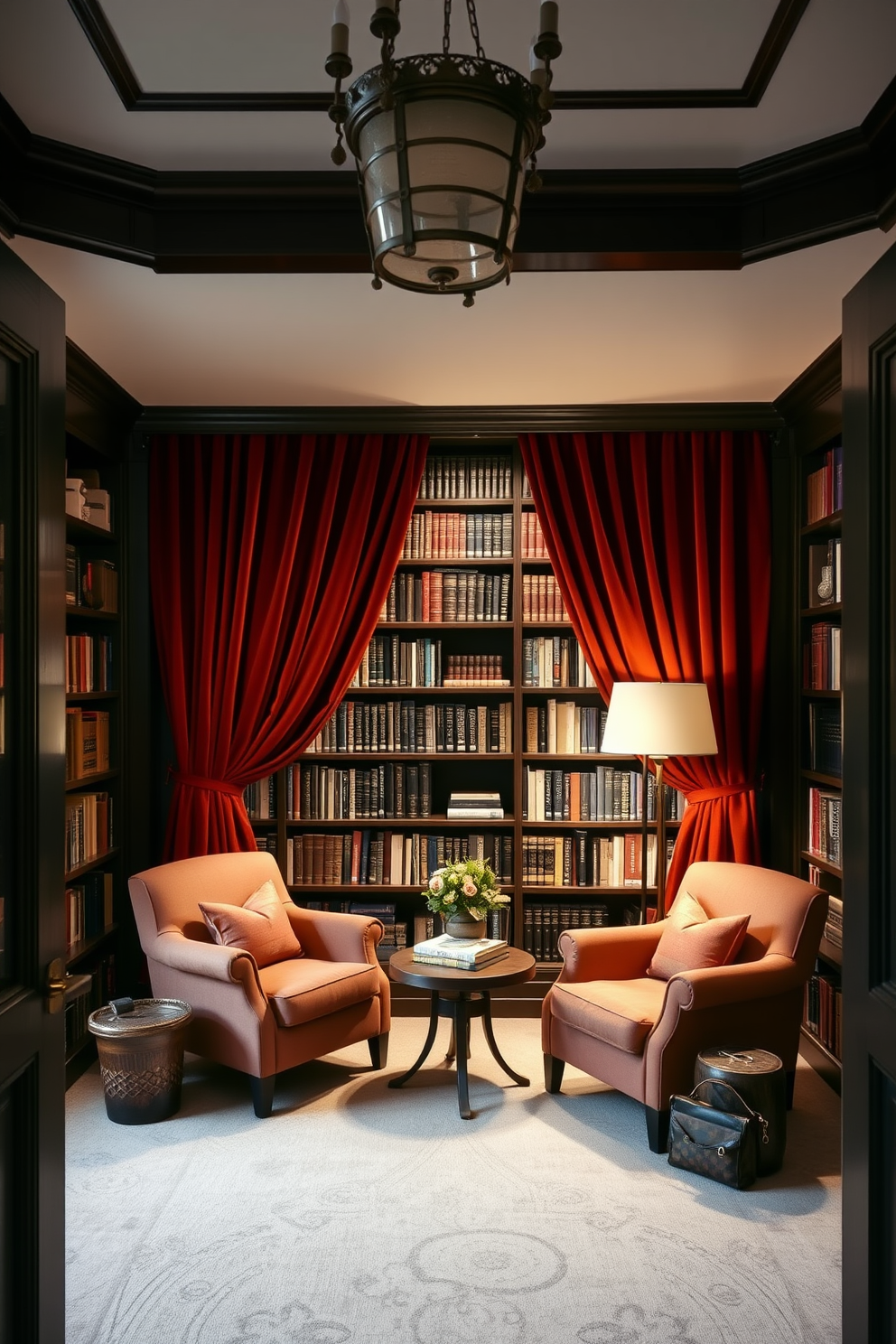 A cozy home library featuring black wallpaper adorned with intricate geometric patterns. The room is filled with dark wooden bookshelves that reach the ceiling, showcasing a vast collection of books and decorative items. A plush reading nook is situated by a large window, complete with a comfortable armchair and a small side table. Soft ambient lighting illuminates the space, creating a warm and inviting atmosphere perfect for relaxation and reading.