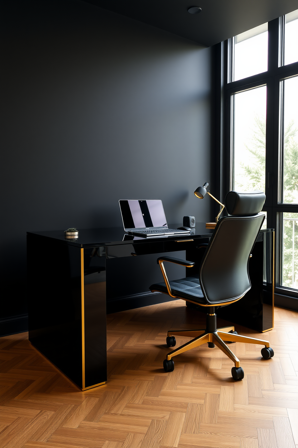 A sleek black desk with gold accents sits elegantly in the center of a modern home office. The walls are painted in a soft white, creating a bright and airy atmosphere that complements the luxurious elements of the design. A plush black ergonomic chair is positioned at the desk, providing comfort for long work hours. Shelves adorned with stylish decor and books line the walls, adding personality and sophistication to the space.