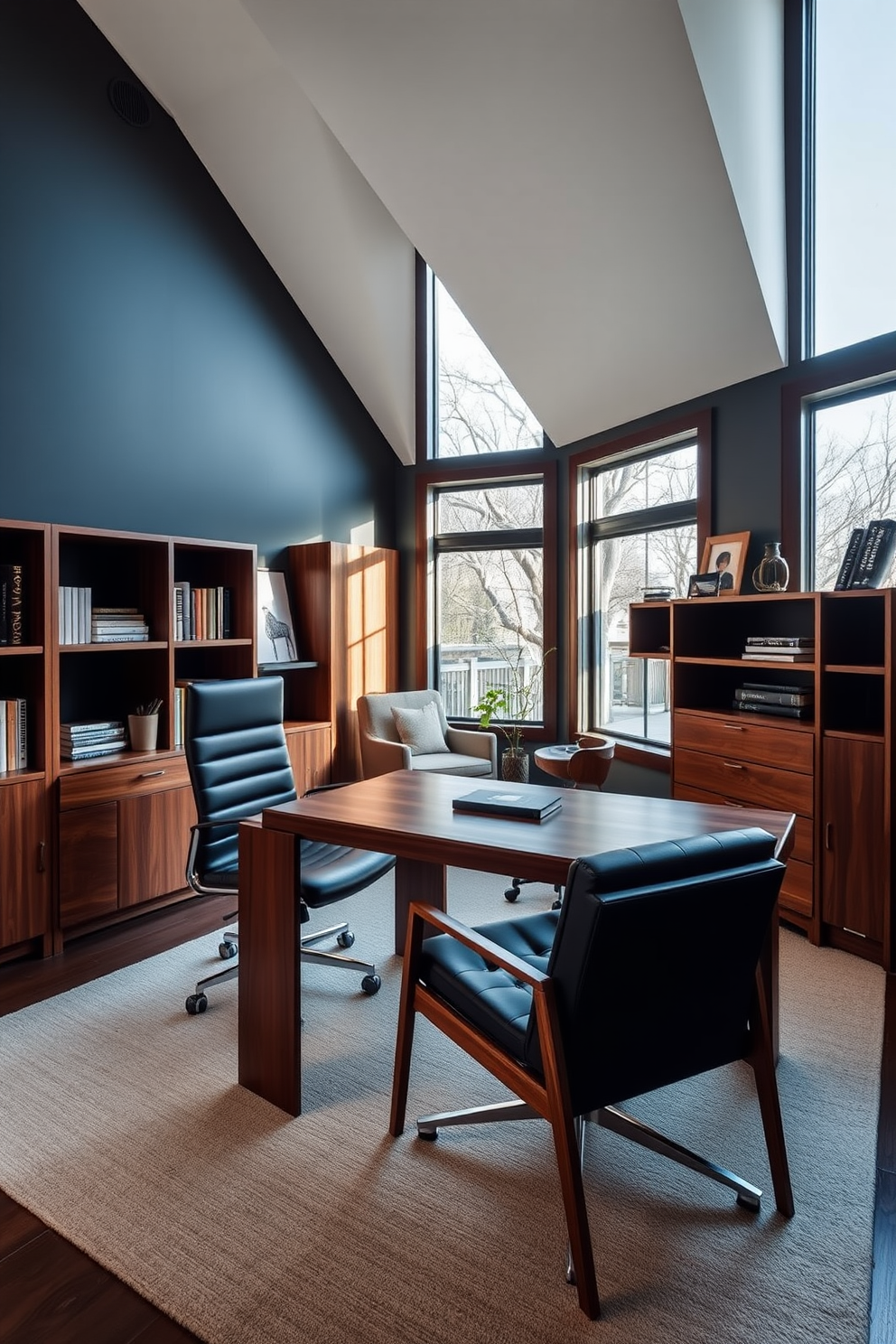 A stylish home office featuring a black accent wall paired with warm wooden furniture. The desk is a rich walnut with sleek lines, complemented by a comfortable black leather chair and a modern bookshelf made of dark wood. Natural light pours in through large windows, illuminating a cozy reading nook with a plush armchair and a small wooden side table. Decorative elements include a mix of black and wood accessories, creating a harmonious and inviting workspace.