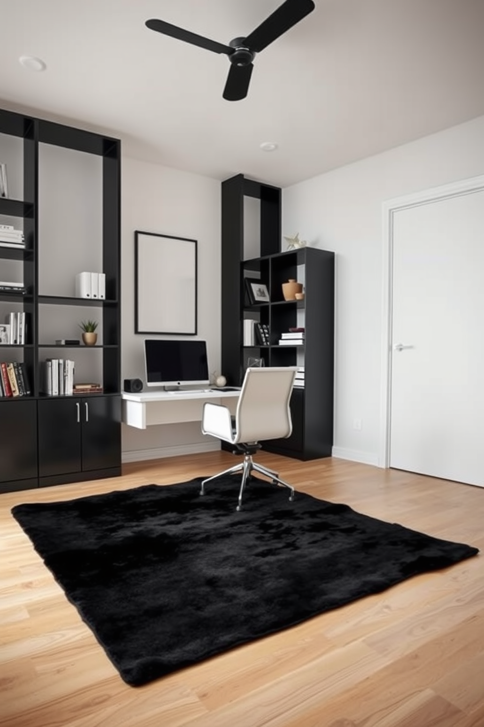 A stylish black rug anchors the space, adding a touch of elegance and warmth to the home office. The sleek design of the office features a modern desk with a minimalist chair, complemented by black shelving units that provide ample storage.