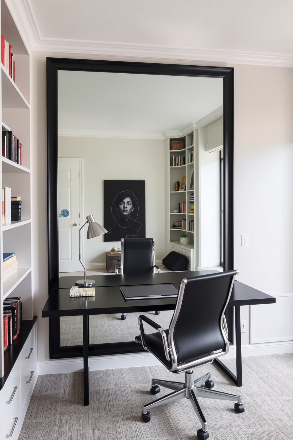 A stylish home office featuring a black framed mirror that enhances the sense of depth in the space. The room is designed with a sleek black desk, comfortable ergonomic chair, and built-in shelves filled with books and decorative items.