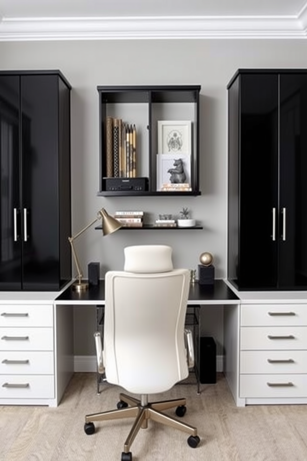 A stylish black rug anchors the home office space, adding warmth and sophistication to the design. The room features a sleek black desk paired with an ergonomic chair, complemented by modern shelving units displaying books and decor.