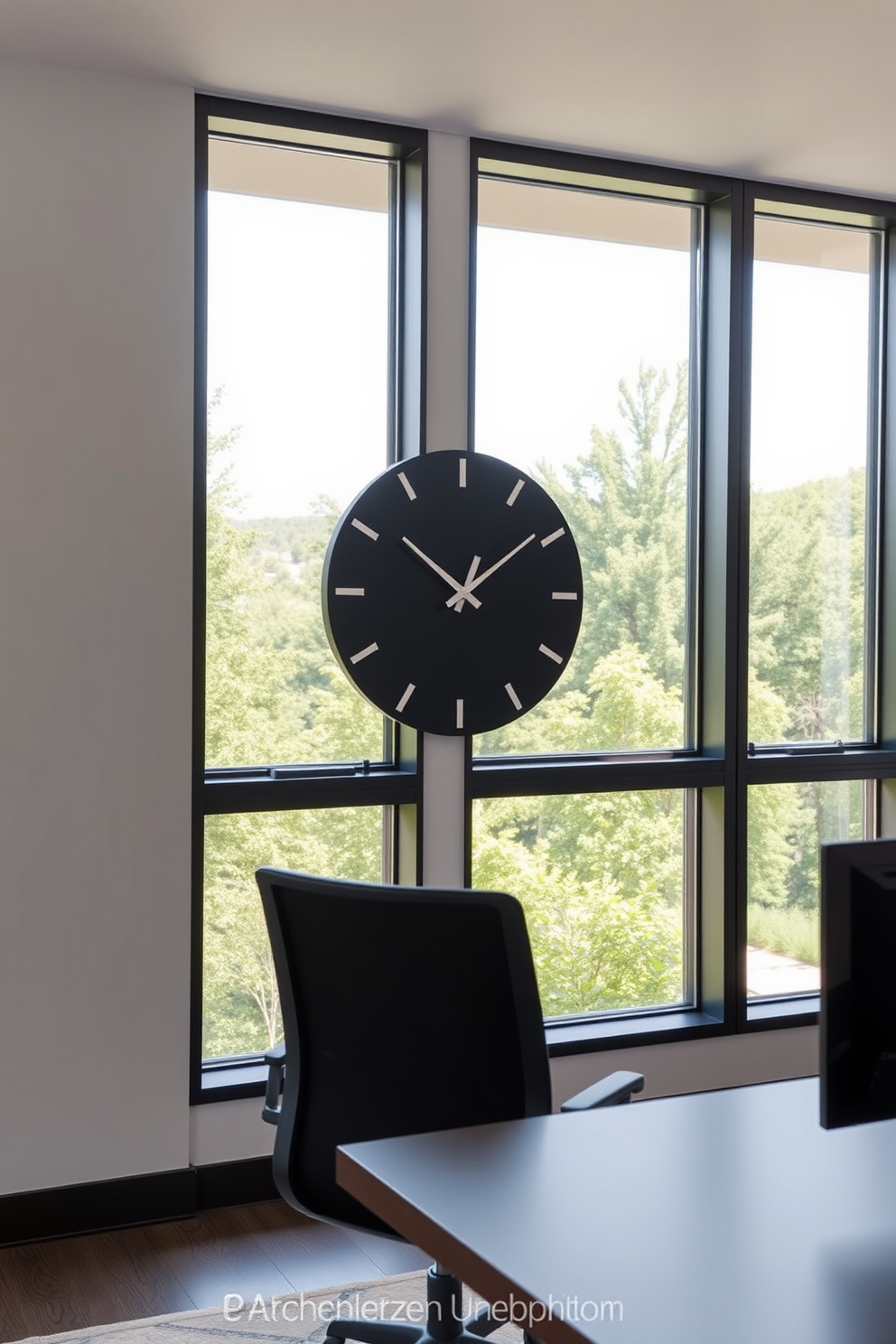 A contemporary black wall clock is mounted on the wall, featuring a sleek design with minimalistic hour and minute hands. The clock adds a touch of elegance to the home office while keeping time effortlessly. The home office design incorporates a black desk with clean lines, paired with an ergonomic chair that complements the modern aesthetic. Large windows allow natural light to flood the space, enhancing productivity and creating a welcoming atmosphere.