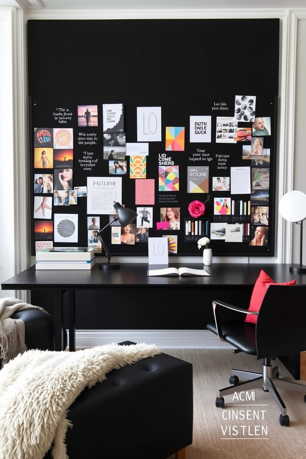 Artistic black bulletin board for inspiration. The board is filled with colorful images, quotes, and fabric swatches, creating a vibrant and creative workspace. Black home office design ideas. The room features sleek black furniture, a large desk with a minimalist design, and a cozy reading nook with a plush armchair.