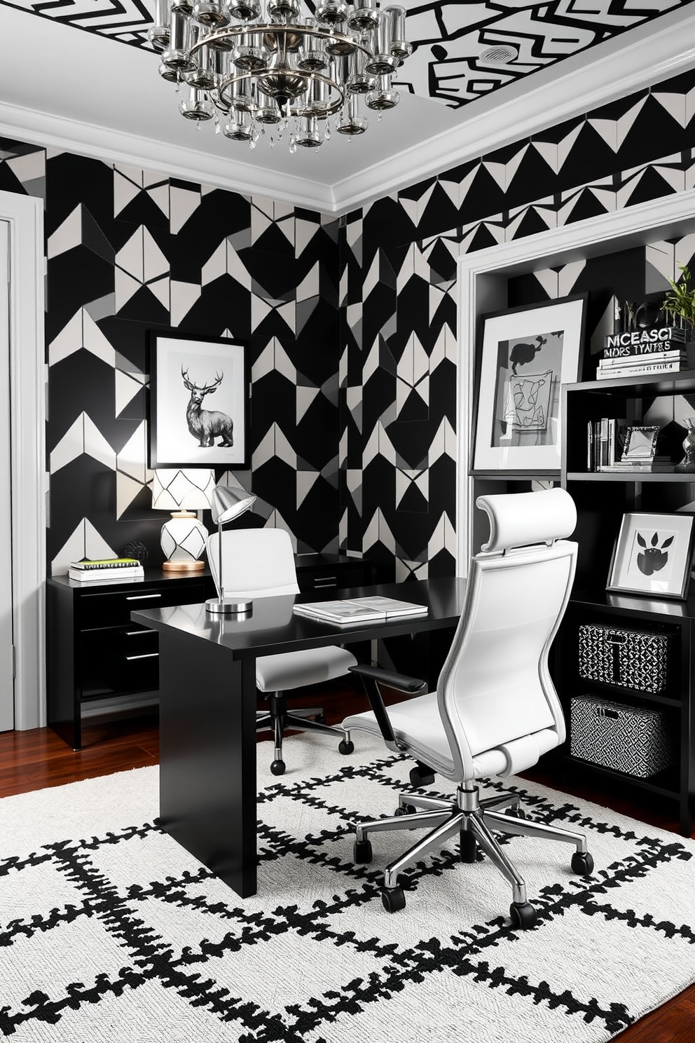 A stylish home office featuring black and white geometric patterns throughout the space. The walls are adorned with bold geometric wallpaper, while a sleek black desk sits in the center, complemented by a white ergonomic chair. On the desk, a modern lamp with a geometric design illuminates the workspace. A large area rug with contrasting black and white patterns defines the seating area, and a bookshelf filled with artful decor adds sophistication to the room.