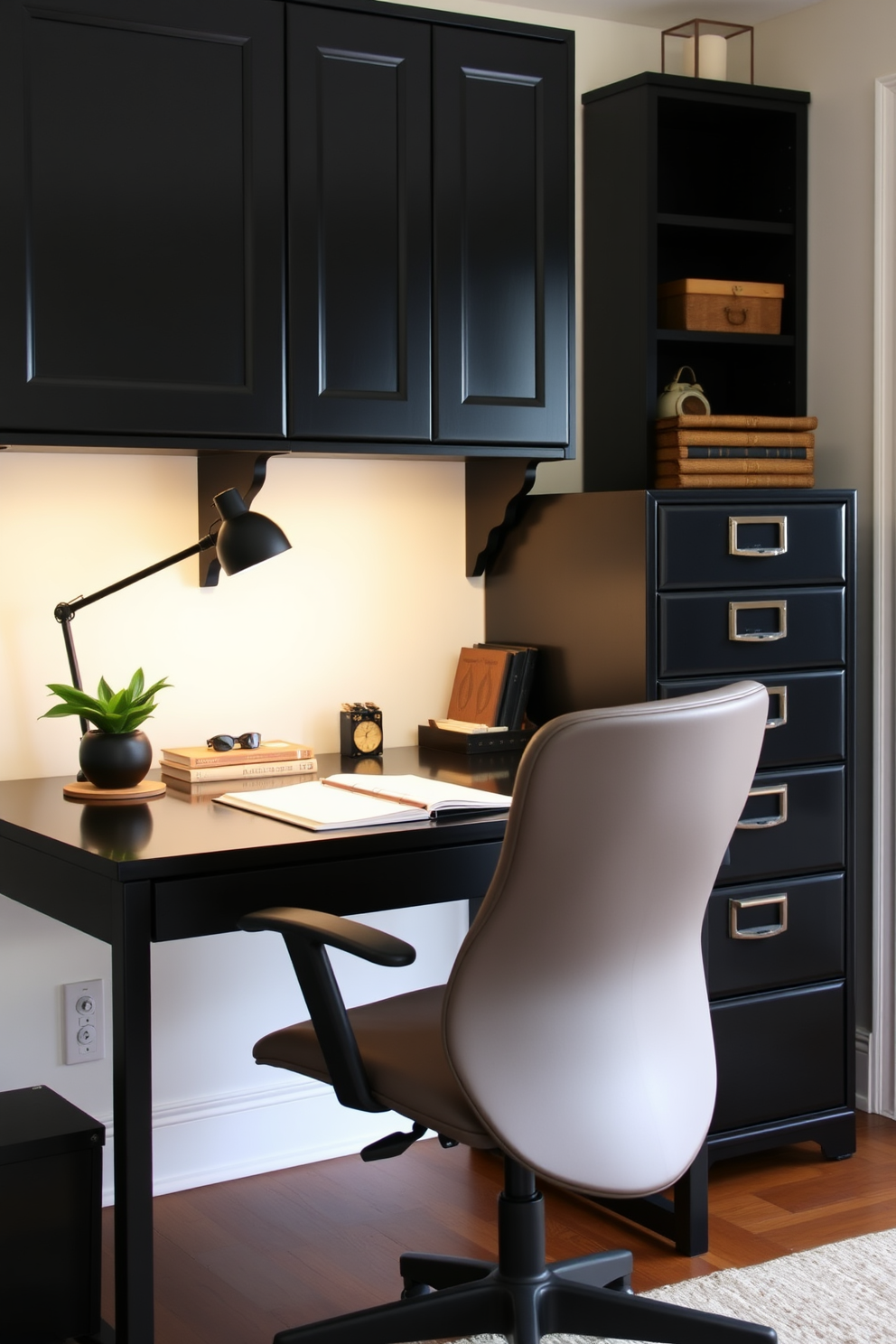 A vintage black filing cabinet adds a touch of charm to the home office. The space features a sleek black desk paired with a comfortable ergonomic chair and warm wooden accents.