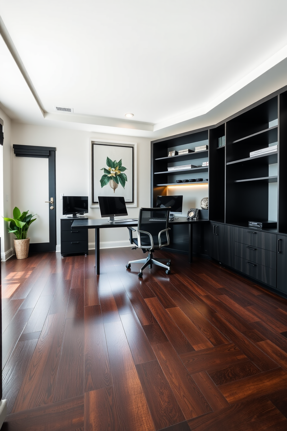 A modern home office featuring a sleek black desk with clean lines and a comfortable ergonomic chair. Bright green plants in black pots are strategically placed around the room, adding a vibrant contrast to the dark furnishings. The walls are painted in a deep charcoal color, creating a cozy and sophisticated atmosphere. A stylish bookshelf filled with books and decorative items complements the overall design, while a warm area rug anchors the space.