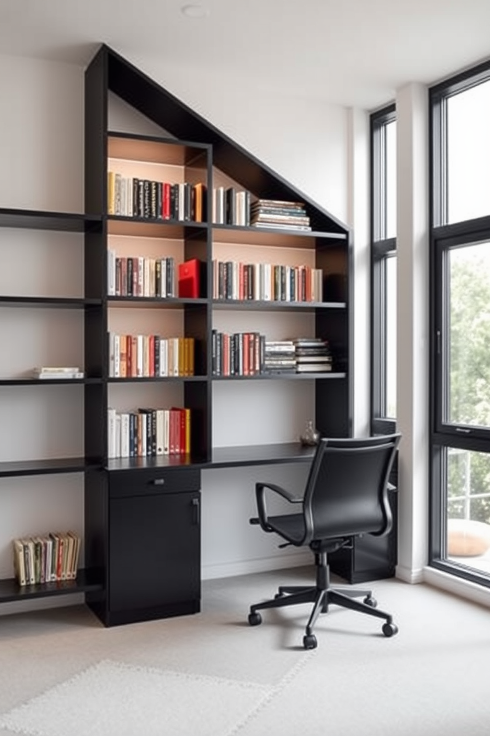 A minimalist black shelving unit lines the wall, showcasing an array of books organized by color. The shelves are complemented by subtle lighting that highlights the titles, creating an inviting reading nook. In the center of the room, a sleek black desk sits paired with an ergonomic chair, both featuring clean lines and modern aesthetics. Large windows allow natural light to flood the space, enhancing the overall calm and productive atmosphere.