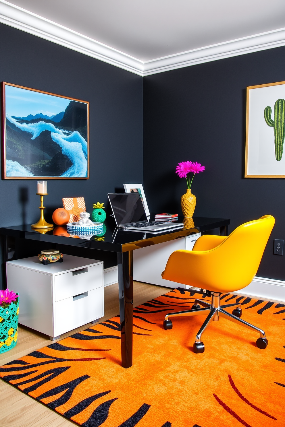 A sleek black home office featuring smart cable management solutions. The desk is minimalist with integrated cable organizers, and a stylish black chair complements the modern aesthetic. The walls are adorned with floating shelves that keep the workspace clutter-free. A large window allows natural light to flood the room, enhancing productivity and comfort.