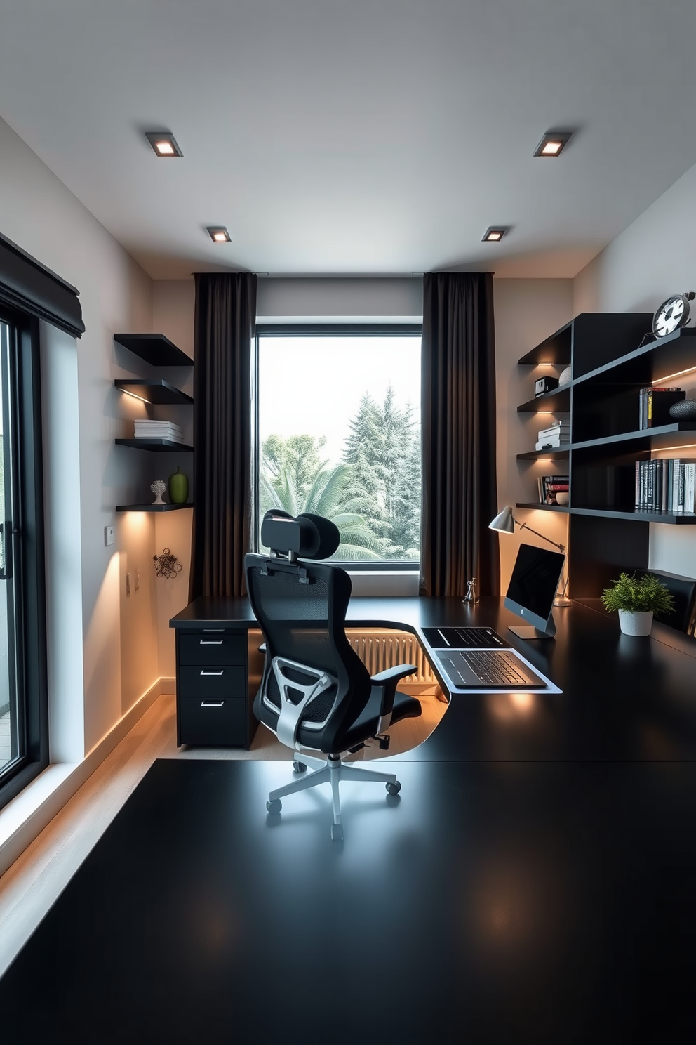 A striking artistic black bookshelf stands against a light gray wall, showcasing an array of colorful books and unique decor pieces. The shelf features asymmetrical designs and varying shelf heights, creating a visually dynamic focal point in the room. The home office is designed with sleek black furniture, including a modern desk and ergonomic chair, complemented by warm wooden accents. Large windows allow natural light to flood the space, enhancing the productivity and creativity of the workspace.