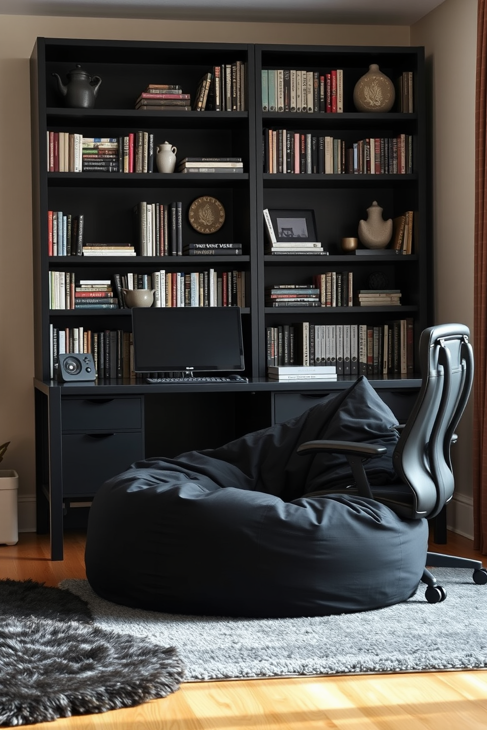 A sophisticated black and cream home office features a sleek black desk paired with a comfortable cream ergonomic chair. The walls are painted in a soft cream tone, accented by black shelving that showcases stylish books and decorative items. Natural light pours in through large windows adorned with elegant black curtains. A plush black rug anchors the space, while a modern black lamp adds a touch of sophistication to the desk area.