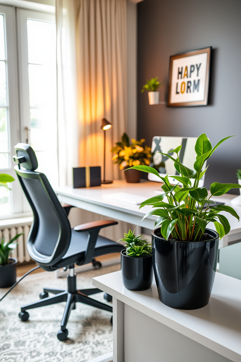 A dynamic black desk is positioned in a sleek home office, surrounded by colorful accents that bring energy to the space. The walls are adorned with vibrant artwork, and a stylish chair complements the modern aesthetic.