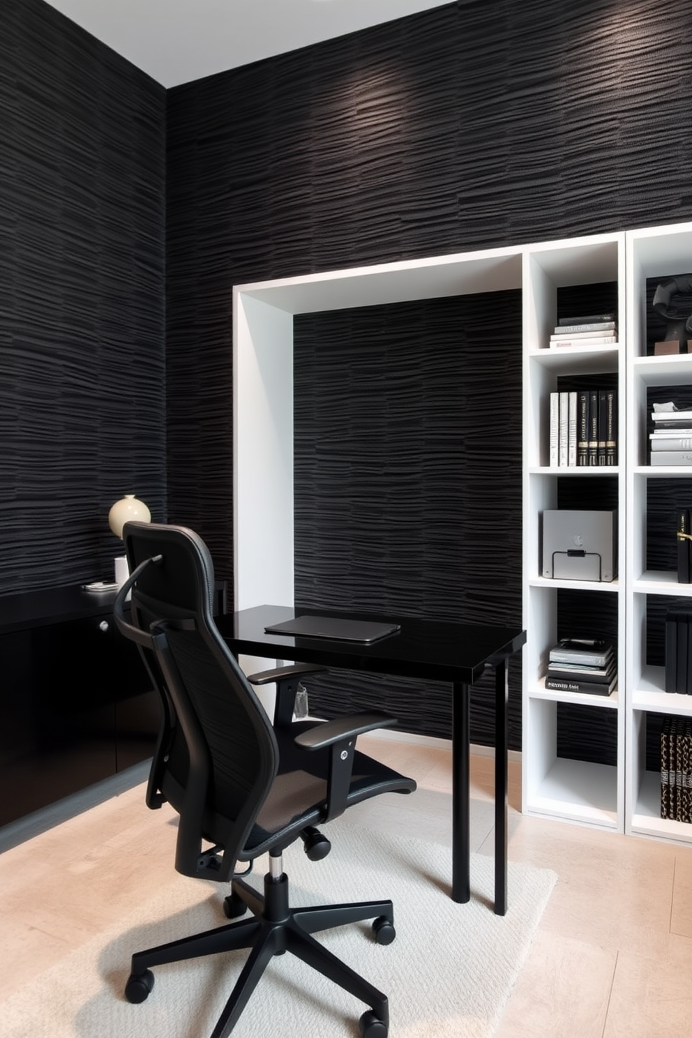 A stylish home office featuring textured black wallpaper that adds depth and visual interest to the space. The room is furnished with a sleek black desk, a comfortable ergonomic chair, and modern shelving units that provide both functionality and elegance.