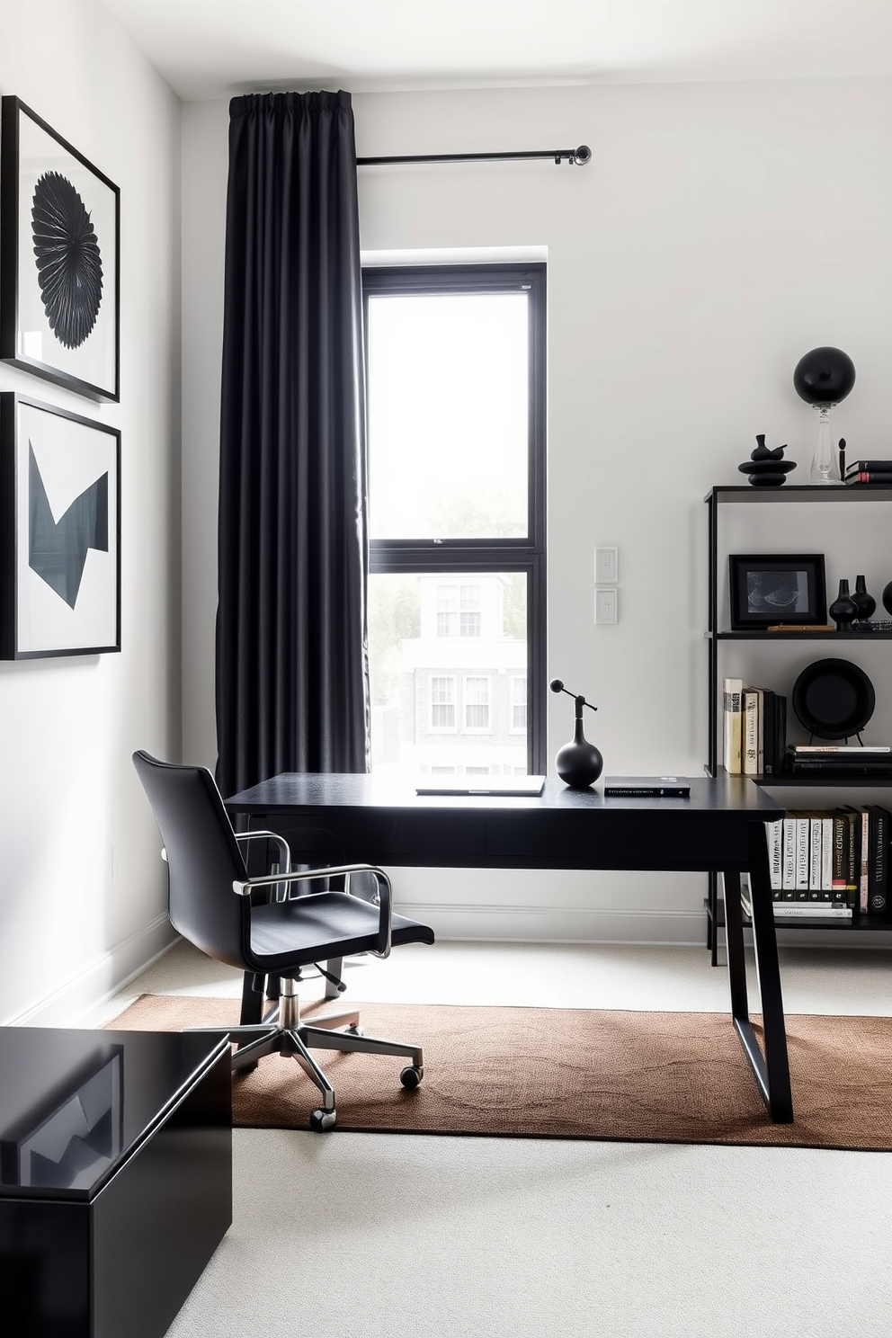 A modern home office featuring sleek black furniture with a minimalist design. The walls are adorned with sophisticated black art pieces that add a touch of elegance to the space. A large black desk is positioned in front of a window, allowing natural light to illuminate the room. A stylish black chair complements the desk, while a bookshelf filled with curated black decor pieces enhances the overall aesthetic.