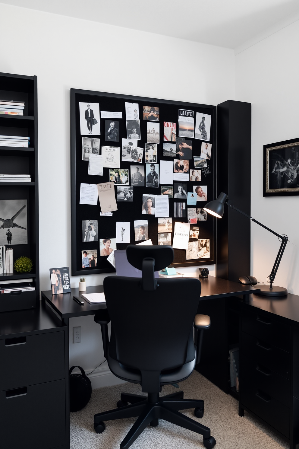 A creative black pinboard is mounted on the wall, filled with various images, quotes, and fabric swatches that inspire the workspace. The desk below is sleek and modern, featuring a minimalist design with a comfortable ergonomic chair and stylish desk lamp. The home office is designed with a bold black color palette, incorporating black shelving units and accents throughout the space. Large windows allow natural light to flood in, contrasting beautifully with the dark furnishings and creating an inviting atmosphere.