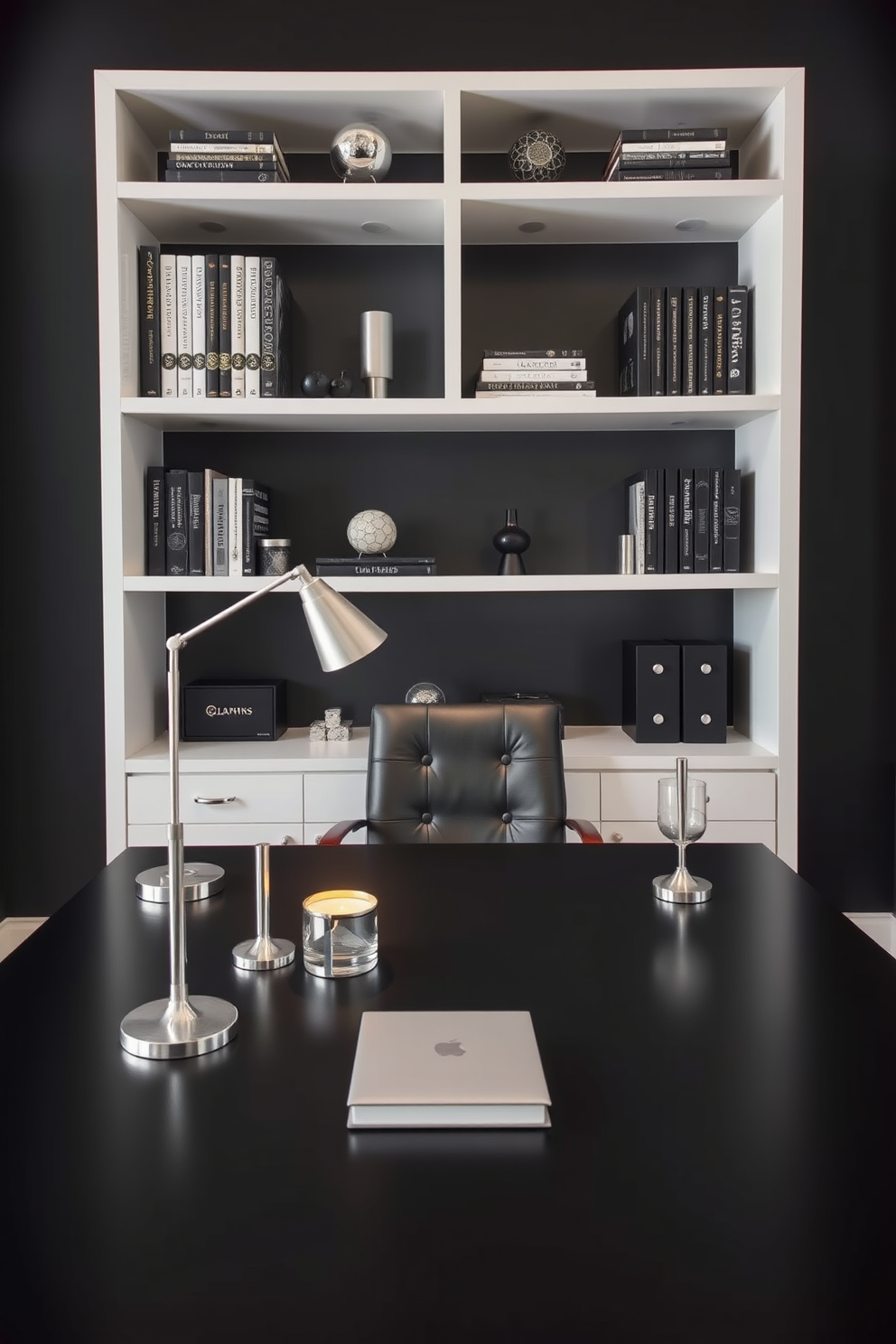 A modern home office featuring a sleek black desk paired with a comfortable ergonomic chair. The walls are adorned with bold black and colorful art pieces that create a vibrant focal point in the space. Natural light floods the room through large windows, enhancing the warm wooden flooring. A stylish bookshelf filled with books and decorative items adds personality and functionality to the design.