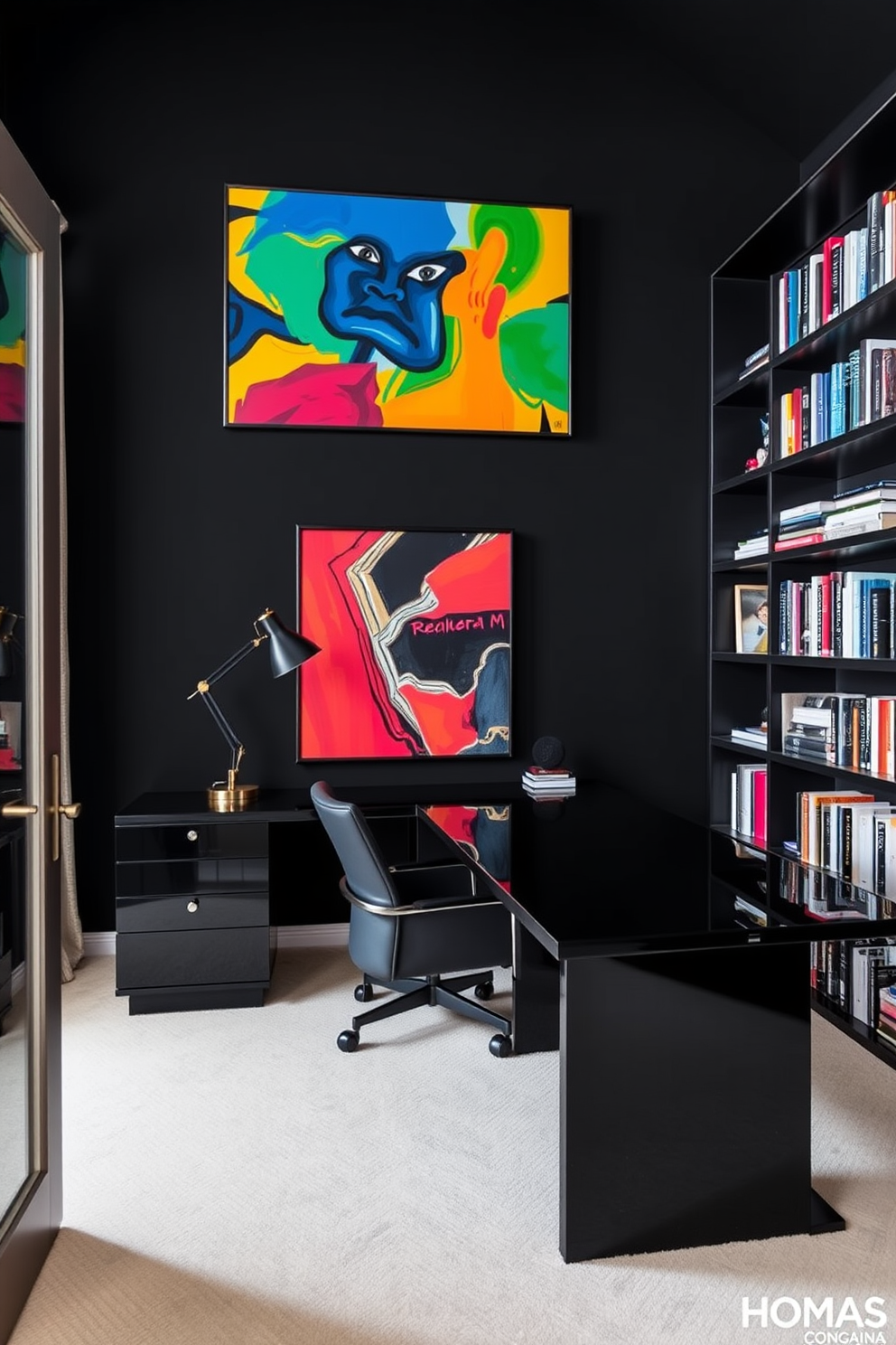 A striking home office featuring a black accent wall that serves as a dramatic backdrop. Bright and colorful artwork adorns the wall, adding a vibrant touch to the sophisticated space. The office includes a sleek black desk with a modern chair that complements the overall design. A stylish bookshelf filled with books and decorative items is placed against the opposite wall, enhancing the aesthetic appeal.