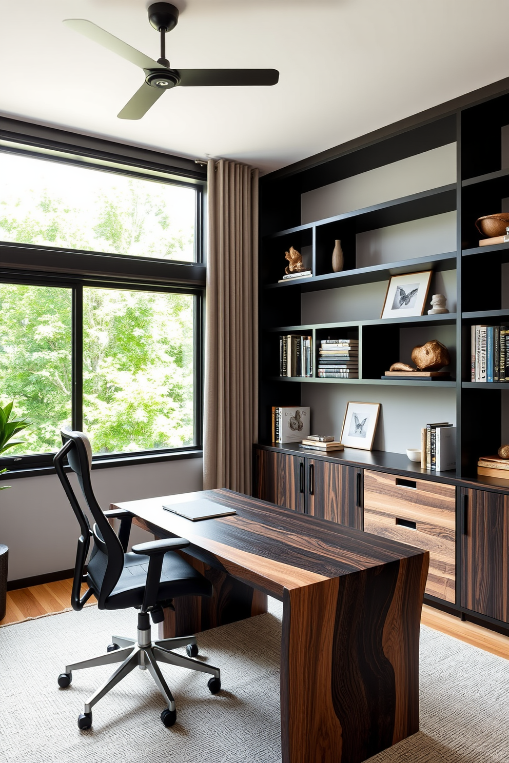 A stylish home office featuring a blend of black and natural wood elements. The desk is crafted from rich black wood with natural wood accents, complemented by a comfortable ergonomic chair. The walls are adorned with sleek black shelves that showcase a mix of books and decorative items made from natural materials. A large window allows ample natural light to flood the space, highlighting the contrast between the dark and light woods.