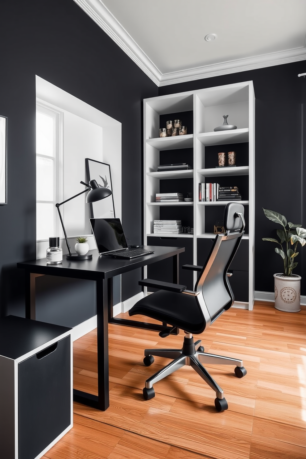 Modern black office chair with comfort. The workspace features a sleek black desk paired with a stylish ergonomic chair, surrounded by minimalist decor and ample natural light. Black home office design ideas. The walls are painted in a deep charcoal, complemented by white shelving units and a warm wooden floor, creating a sophisticated yet inviting atmosphere.